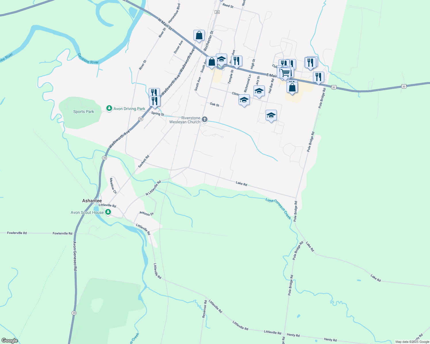 map of restaurants, bars, coffee shops, grocery stores, and more near 46 Lake Rd in Avon
