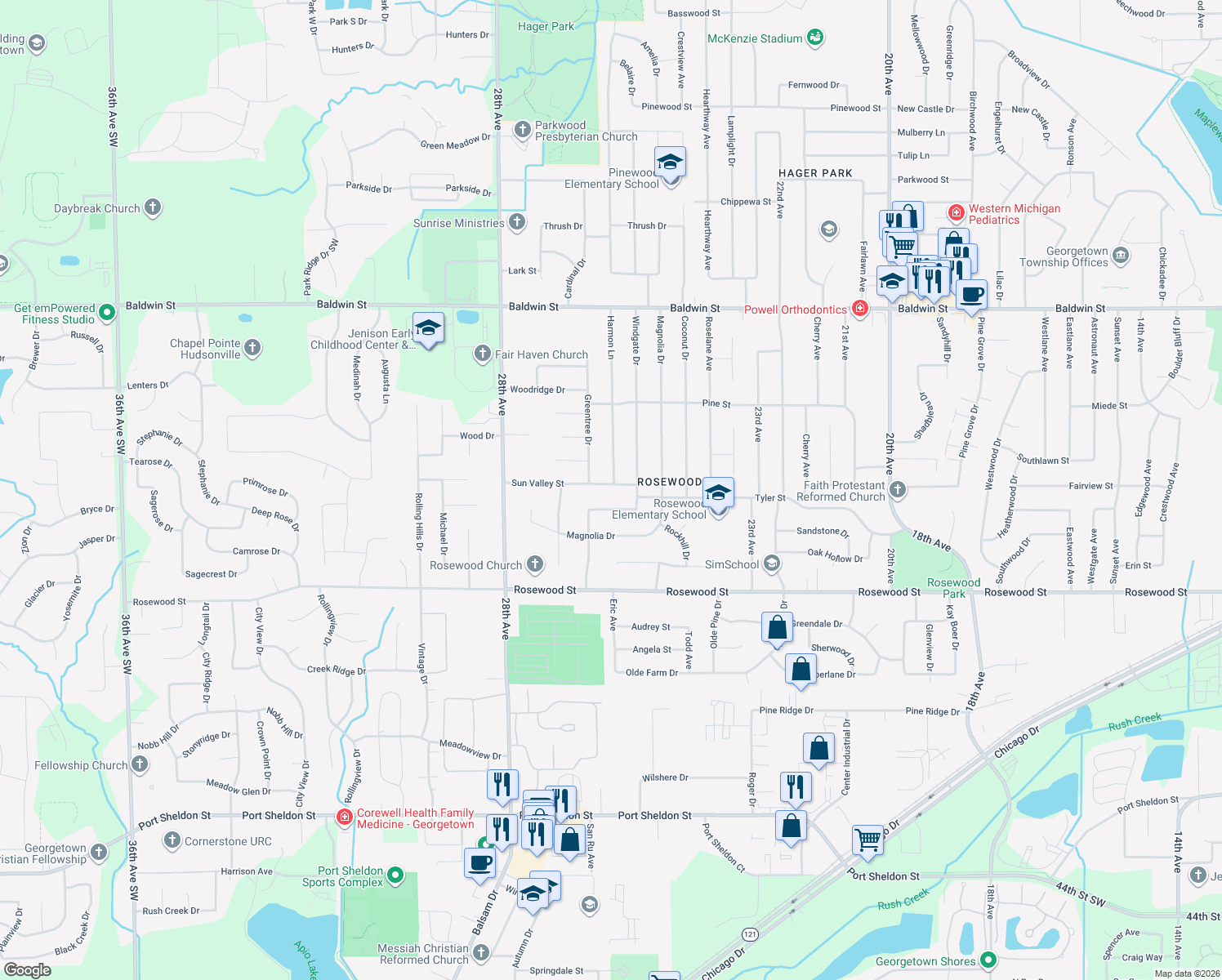 map of restaurants, bars, coffee shops, grocery stores, and more near 2584 Sun Valley Street in Georgetown Township