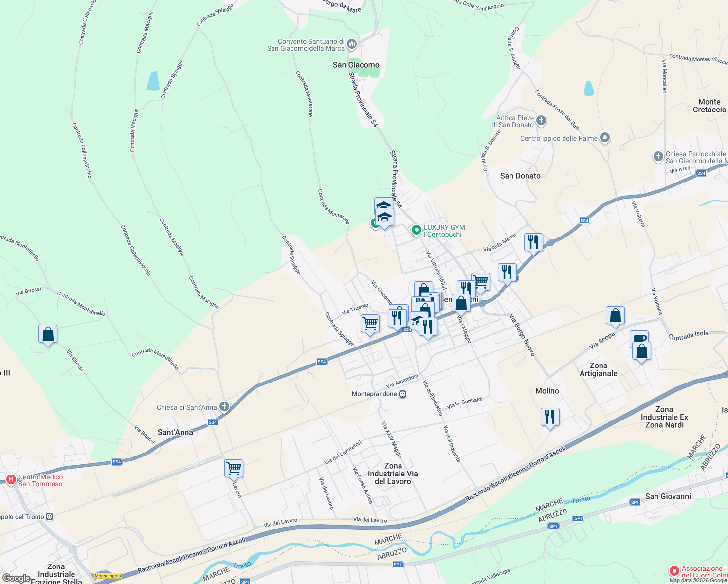map of restaurants, bars, coffee shops, grocery stores, and more near 1 Vicolo Matteotti Primo in Centobuchi