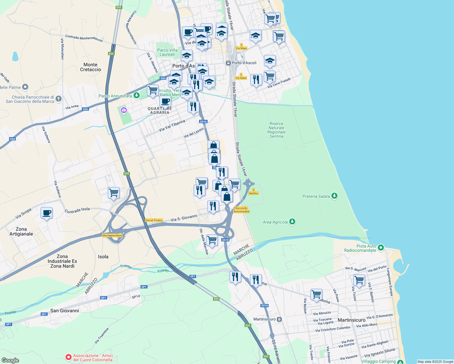 map of restaurants, bars, coffee shops, grocery stores, and more near 10 Via Pontida in San Benedetto del Tronto