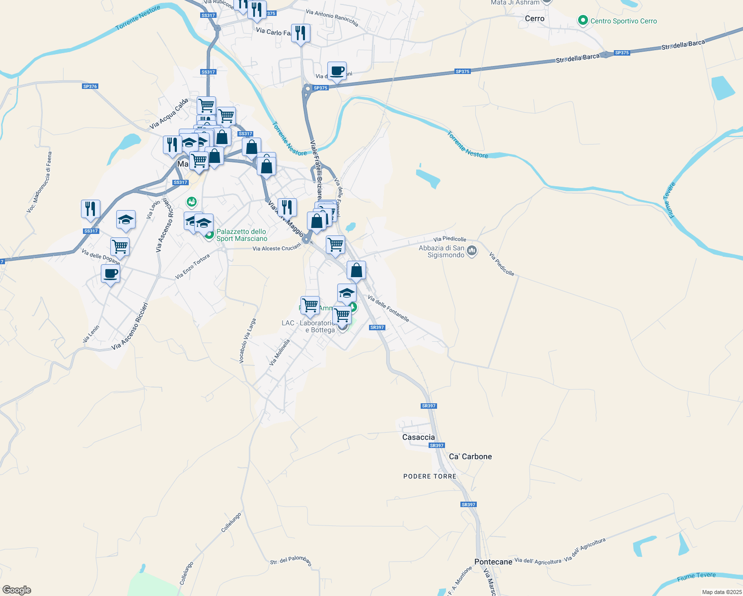 map of restaurants, bars, coffee shops, grocery stores, and more near 3 Via delle Fontanelle in Marsciano