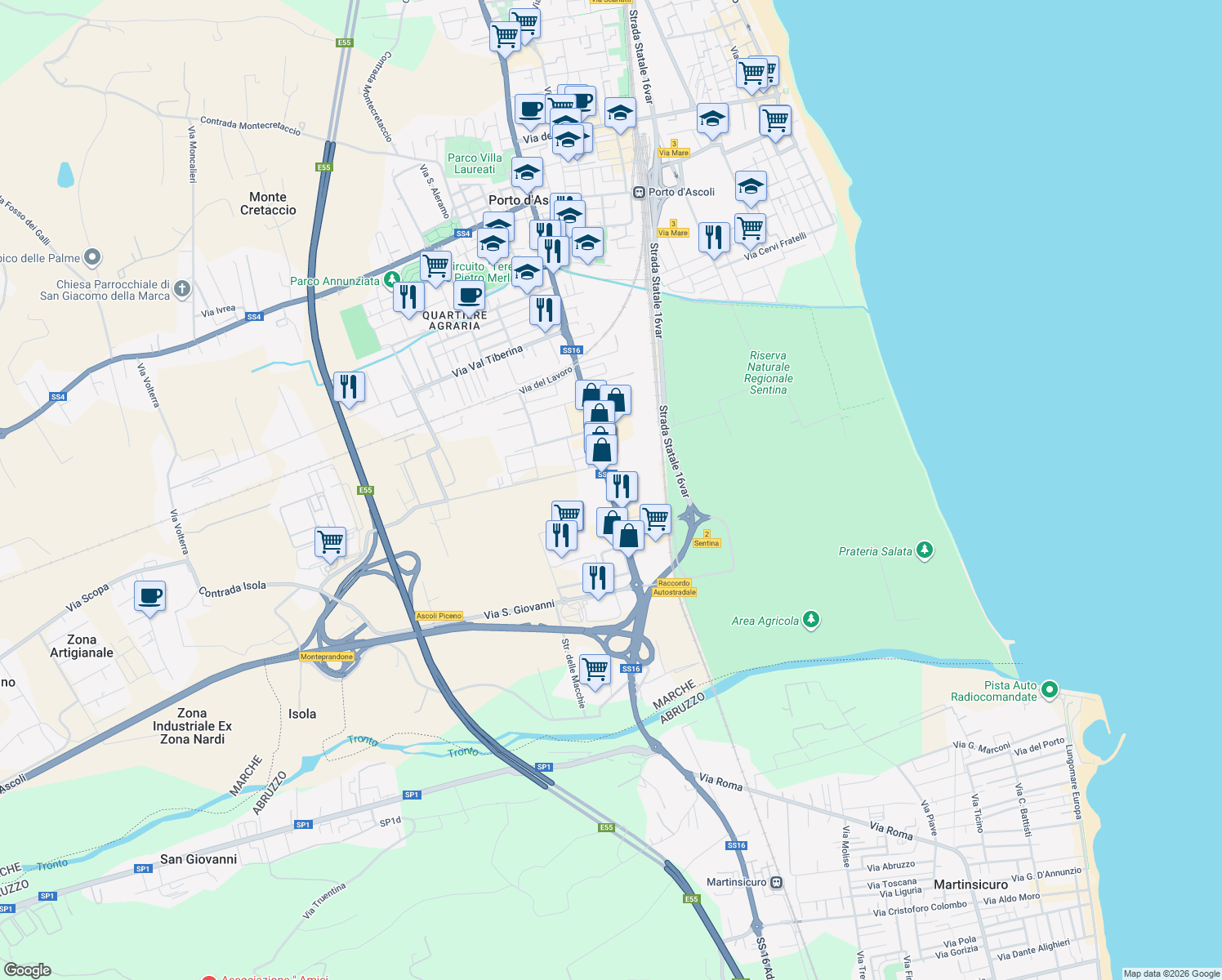 map of restaurants, bars, coffee shops, grocery stores, and more near 70 Via Pasubio in Province of Ascoli Piceno
