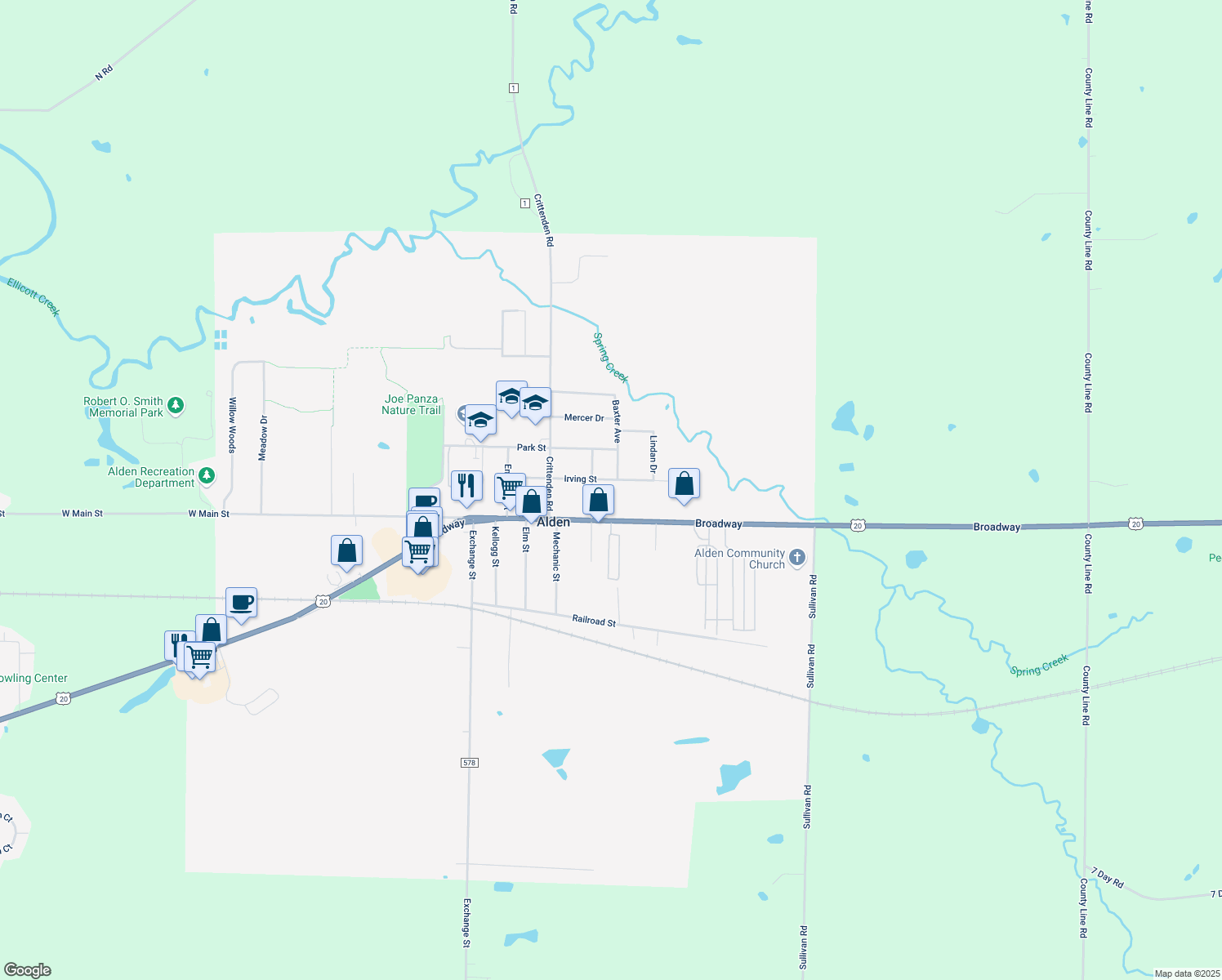 map of restaurants, bars, coffee shops, grocery stores, and more near 13395 Irving Street in Alden