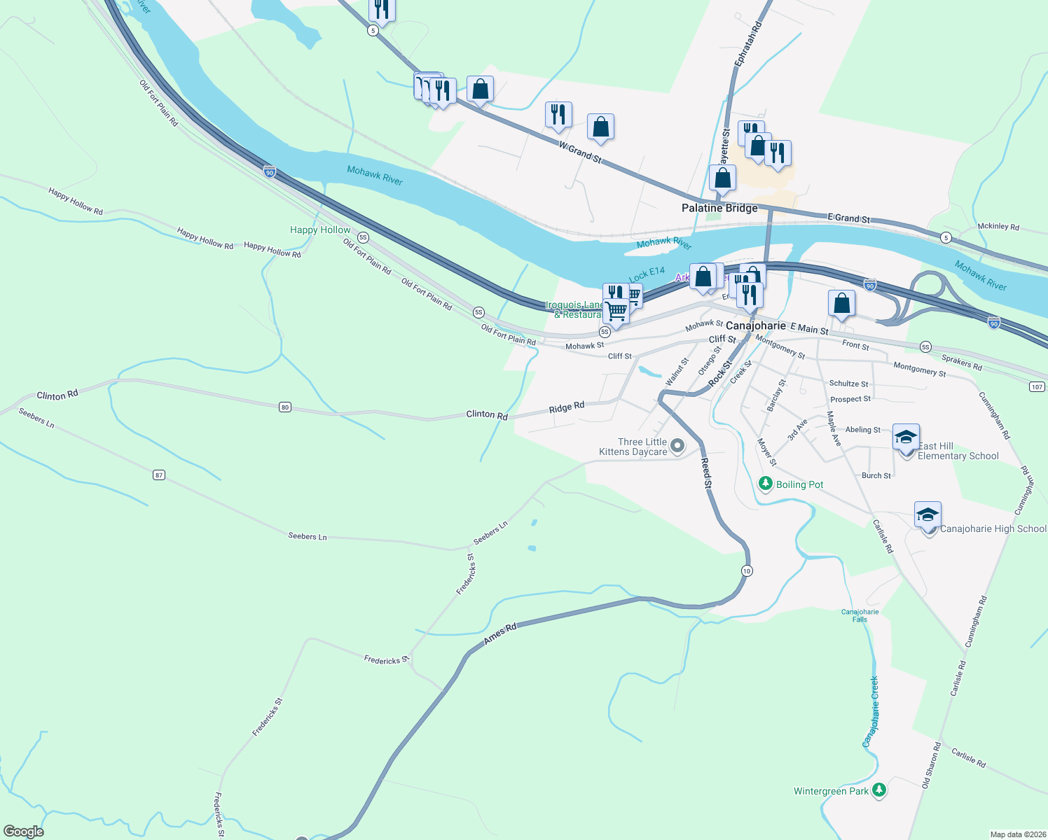 map of restaurants, bars, coffee shops, grocery stores, and more near 45 Ridge Rd in Canajoharie