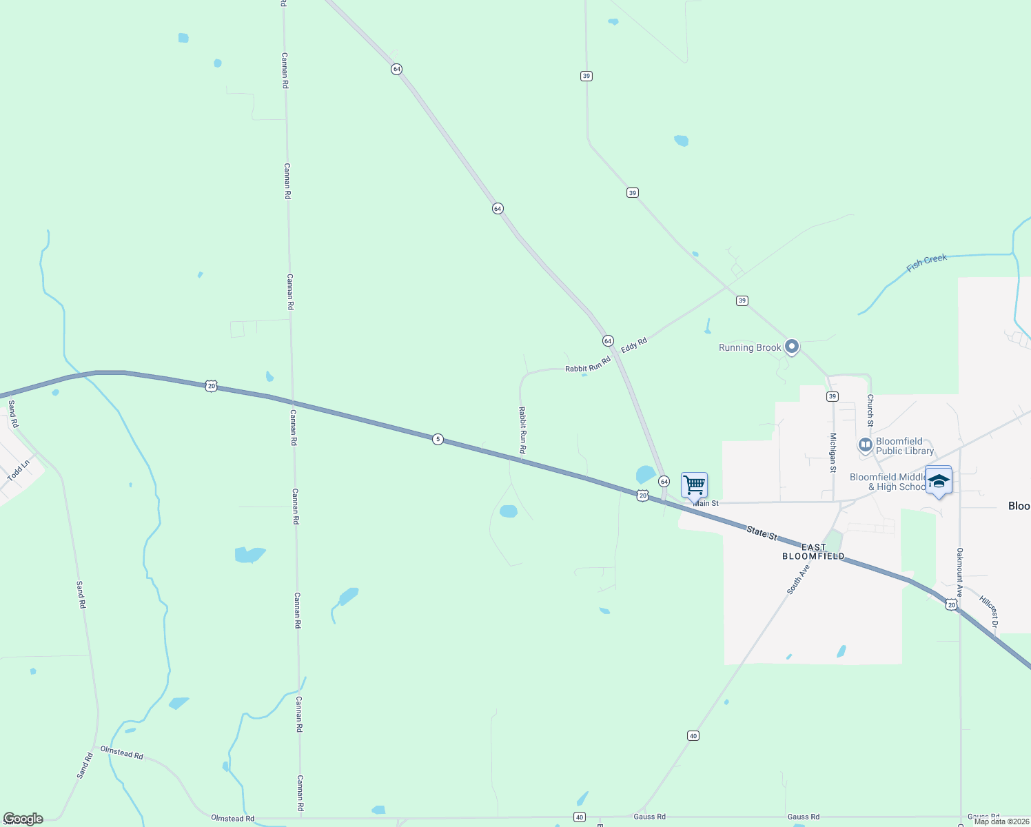 map of restaurants, bars, coffee shops, grocery stores, and more near 2634 Rabbit Run Road in Bloomfield