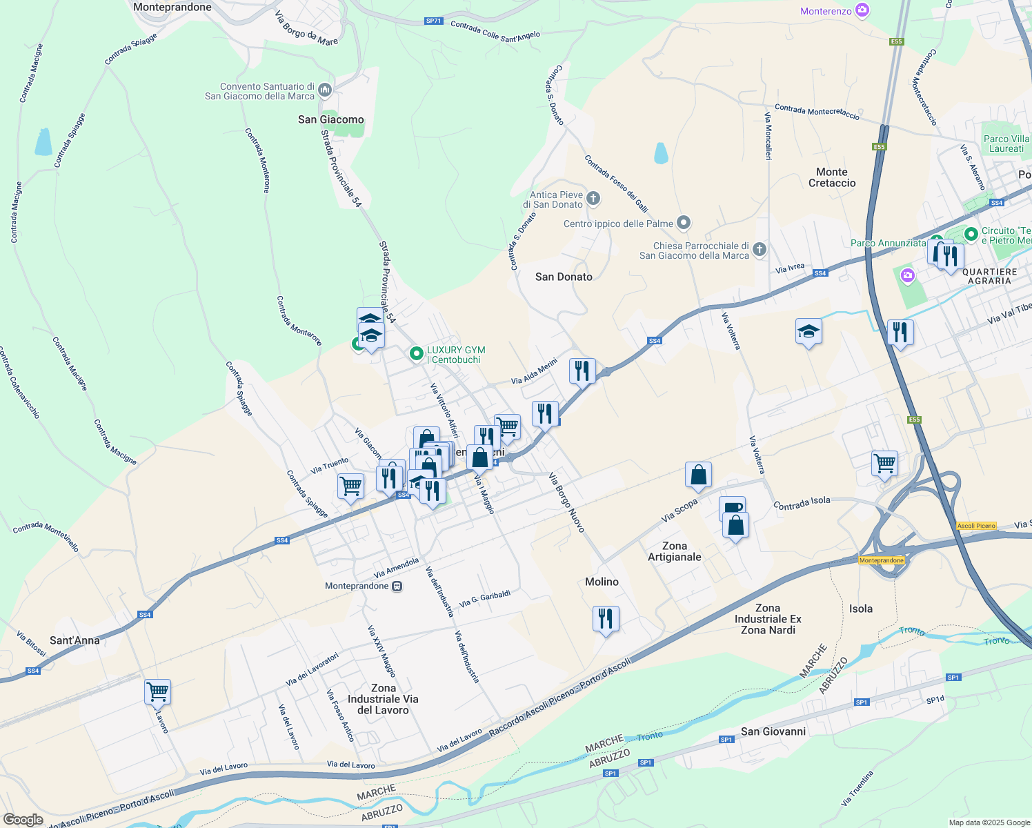 map of restaurants, bars, coffee shops, grocery stores, and more near 7 Via Santa Chiara in Centobuchi