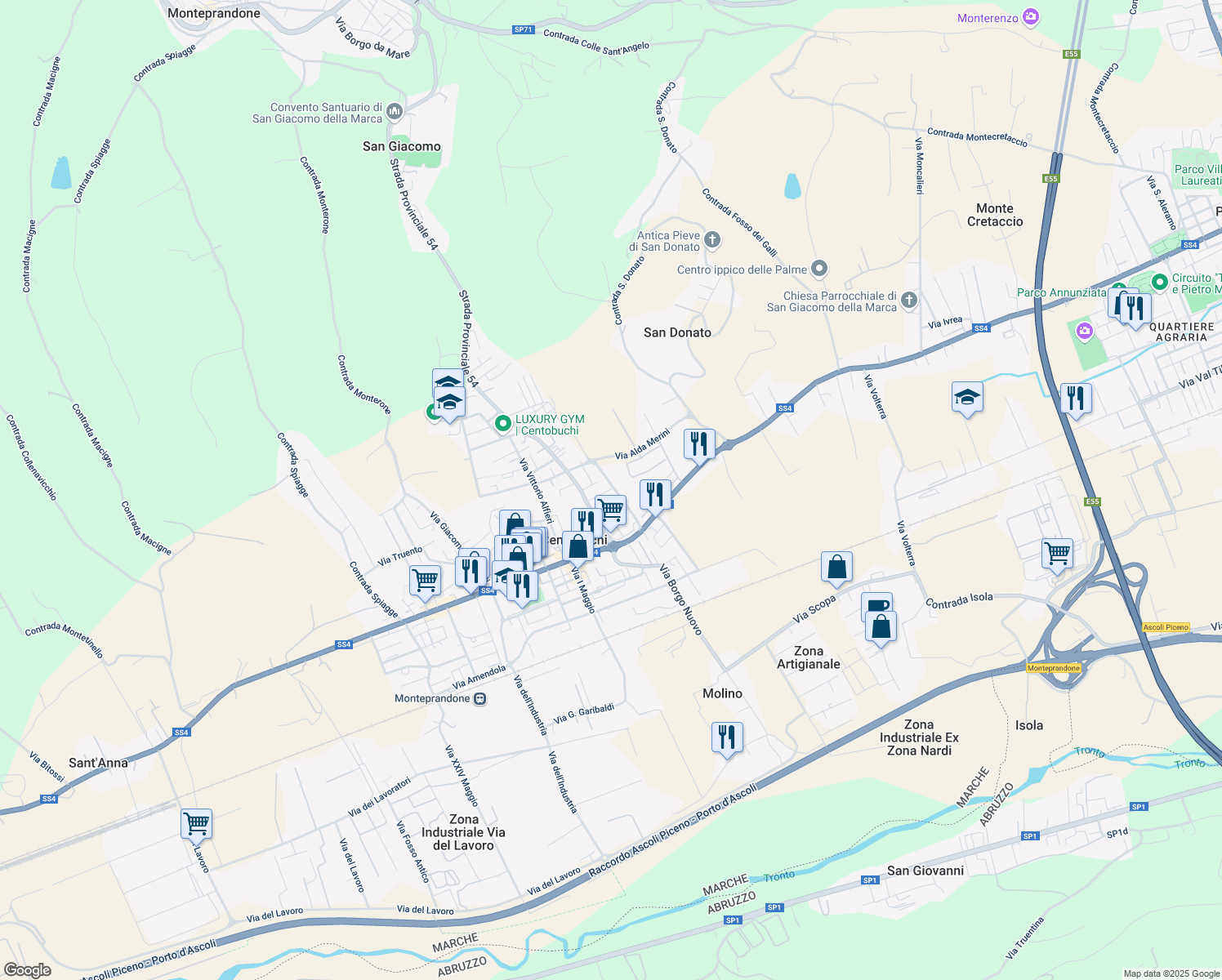 map of restaurants, bars, coffee shops, grocery stores, and more near 7 Via Santa Chiara in Centobuchi