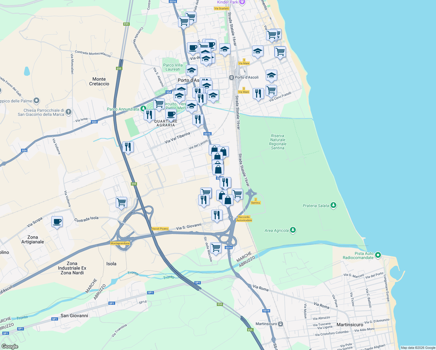 map of restaurants, bars, coffee shops, grocery stores, and more near 70 Via Pasubio in Provincia di Ascoli Piceno