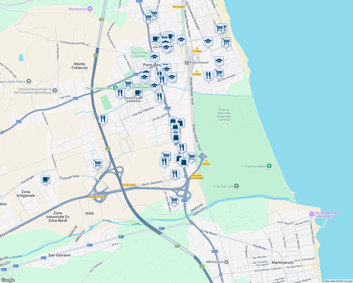 map of restaurants, bars, coffee shops, grocery stores, and more near 70 Via Pasubio in Province of Ascoli Piceno
