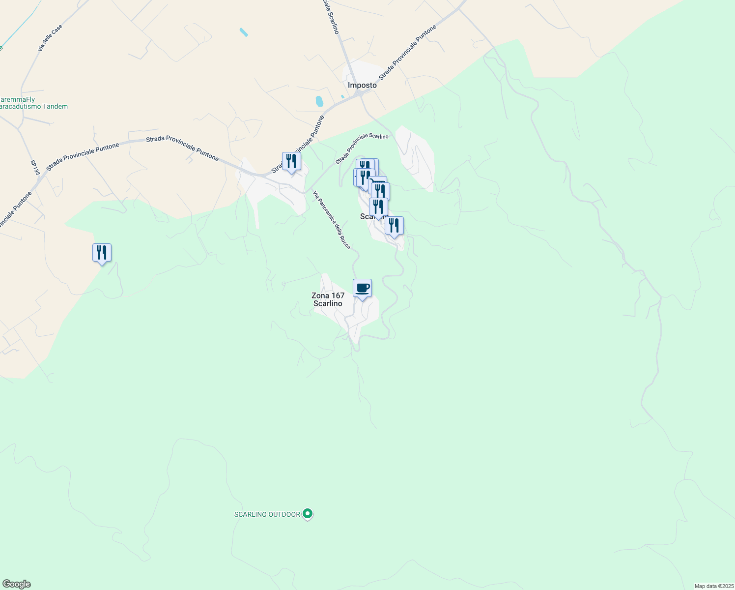 map of restaurants, bars, coffee shops, grocery stores, and more near 9 Via di Melantea in Provincia di Grosseto