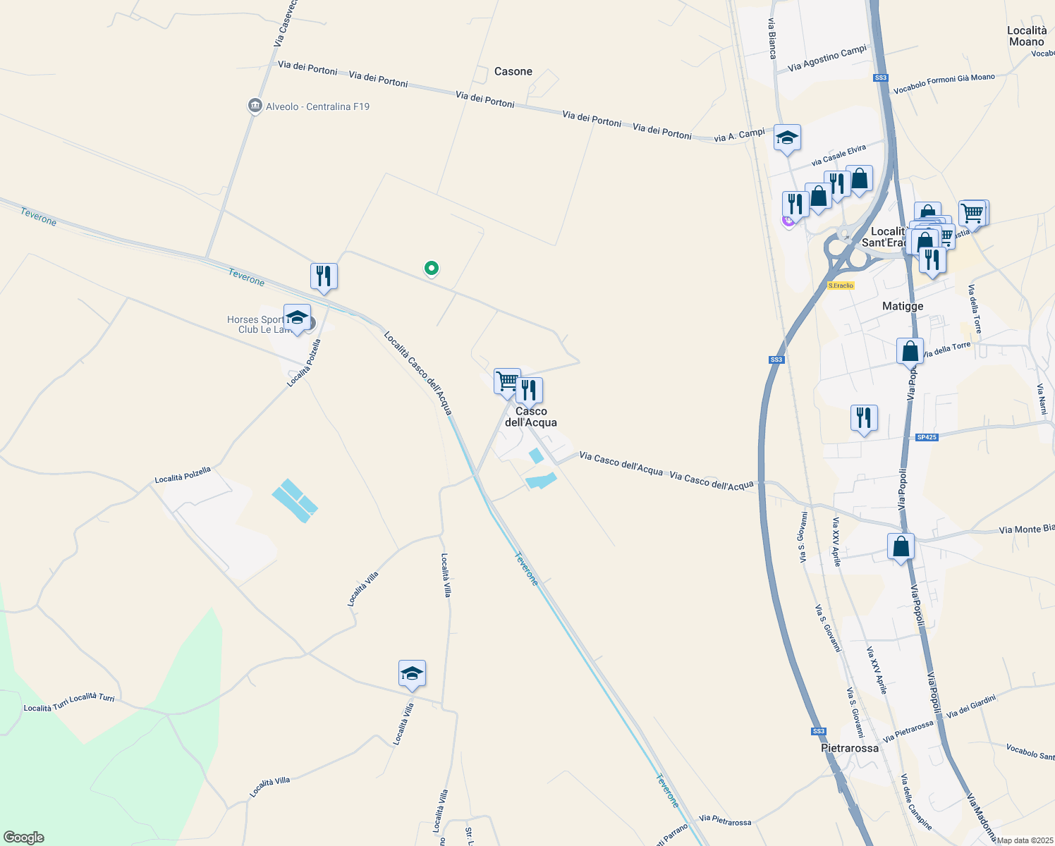 map of restaurants, bars, coffee shops, grocery stores, and more near 30 Località Casco dell'Acqua in Casco Dell'acqua