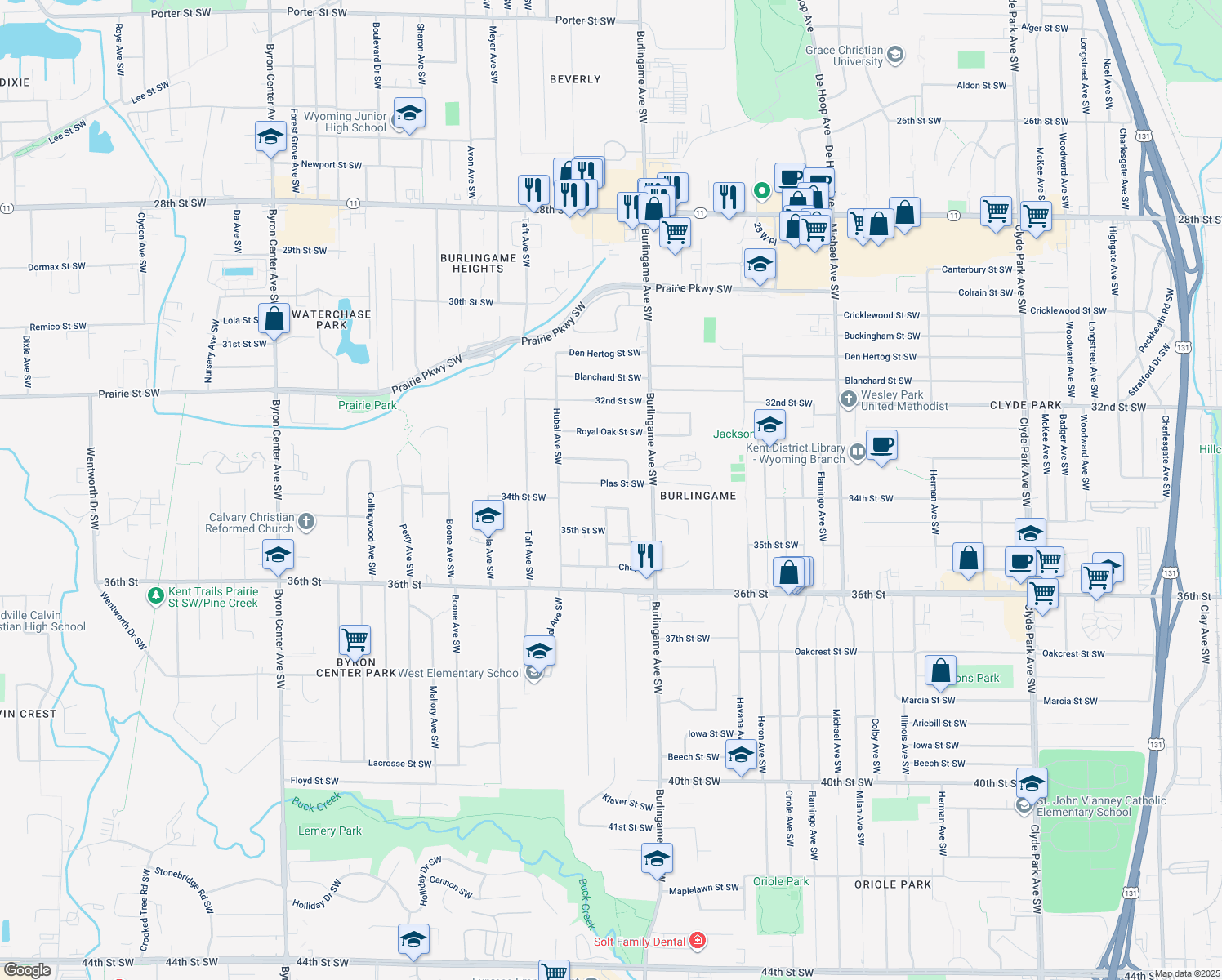 map of restaurants, bars, coffee shops, grocery stores, and more near 1660 Plas St SW in Wyoming