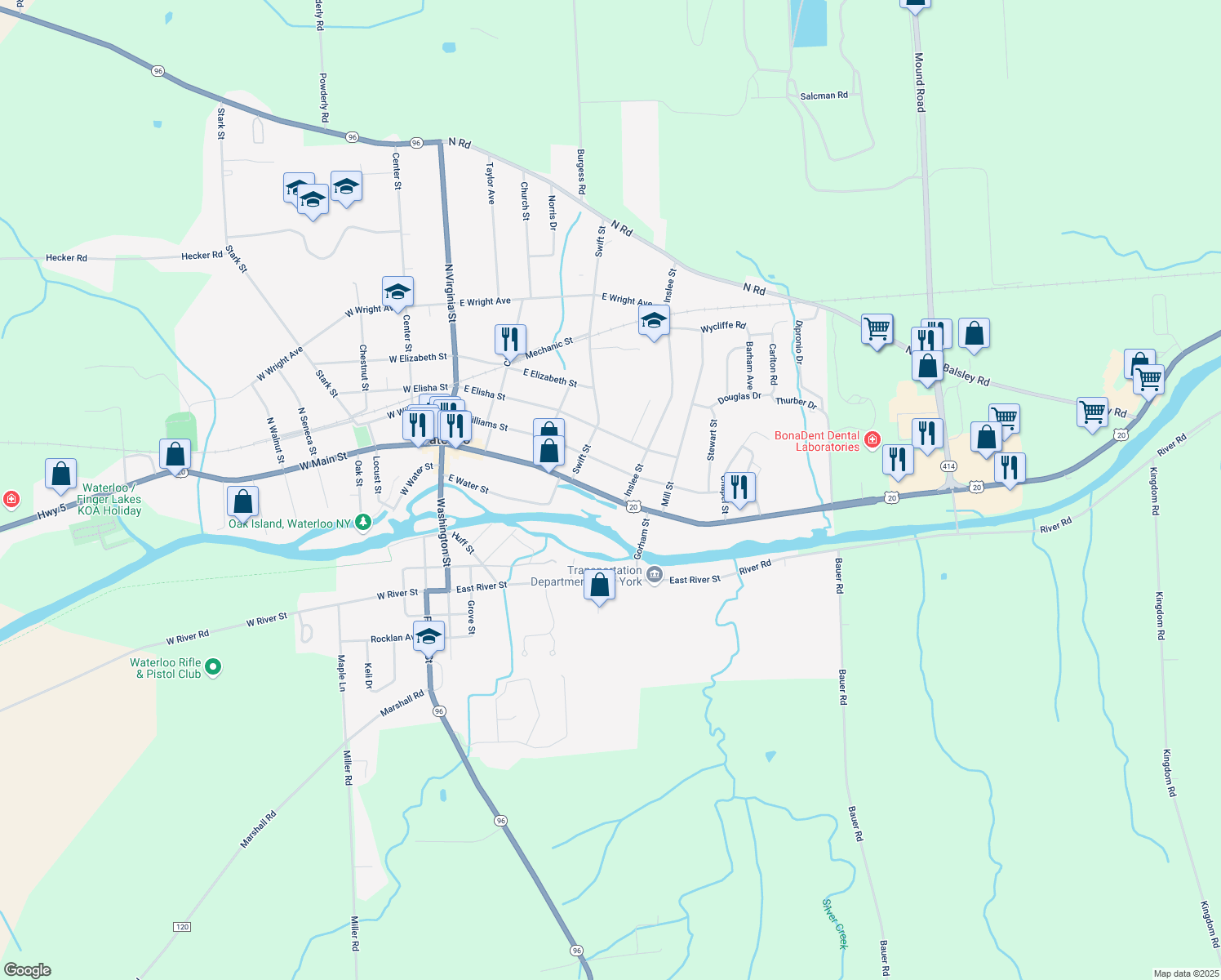 map of restaurants, bars, coffee shops, grocery stores, and more near 237 E Main St in Waterloo