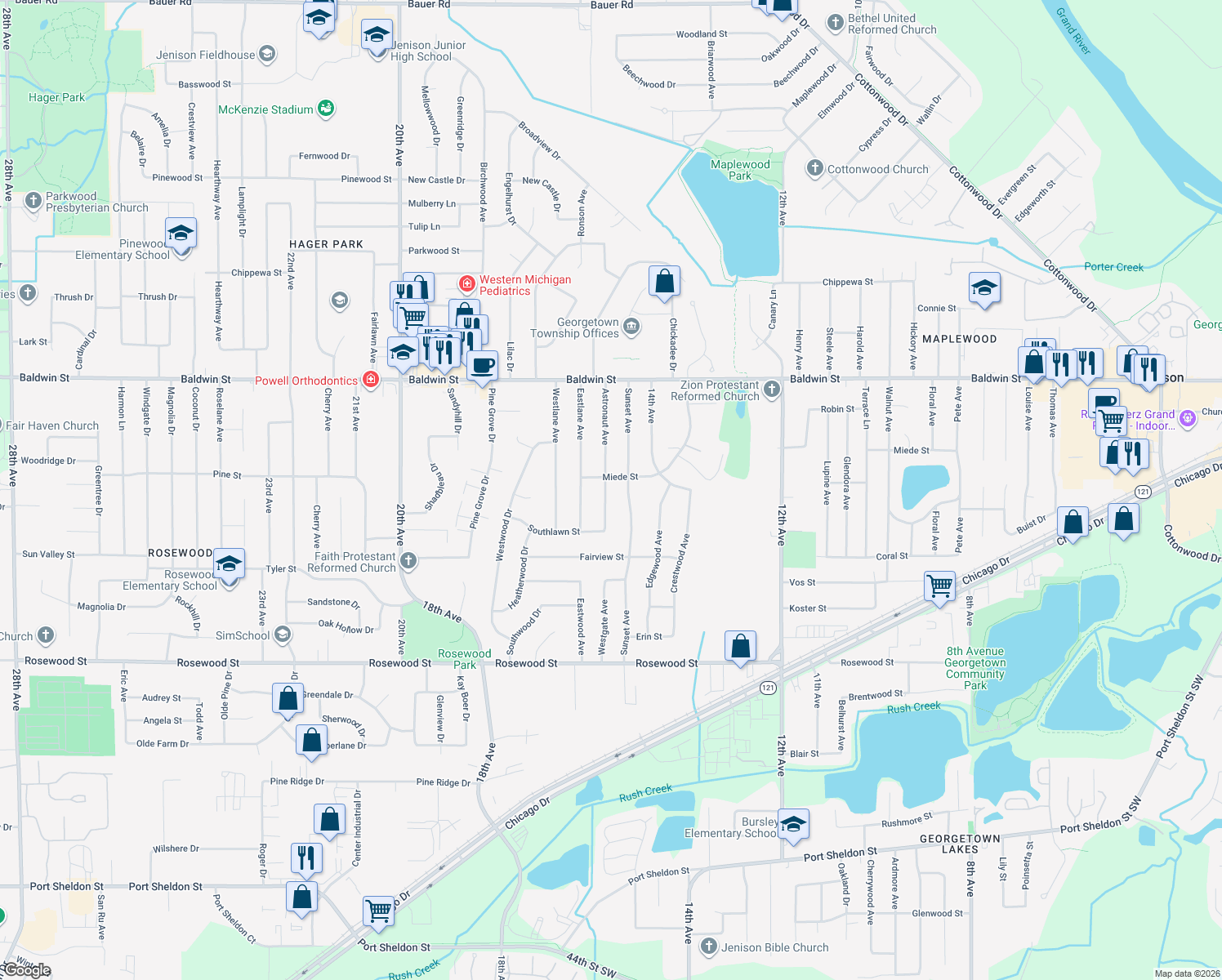 map of restaurants, bars, coffee shops, grocery stores, and more near 7352 Astronaut Avenue in Georgetown Township