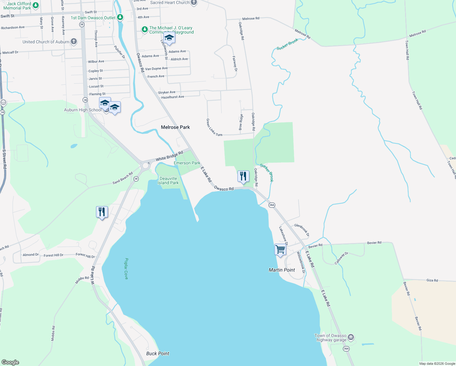 map of restaurants, bars, coffee shops, grocery stores, and more near 6796 East Lake Road in Auburn