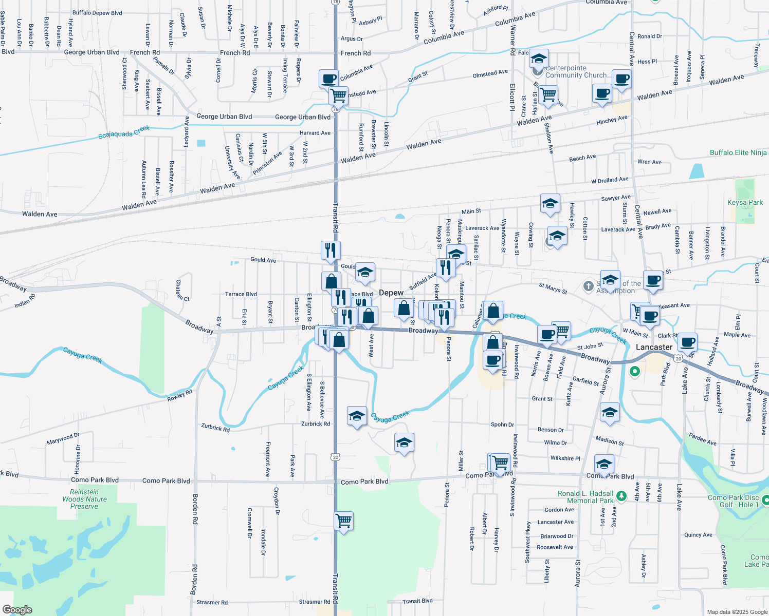 map of restaurants, bars, coffee shops, grocery stores, and more near 45 Meridian St in Depew