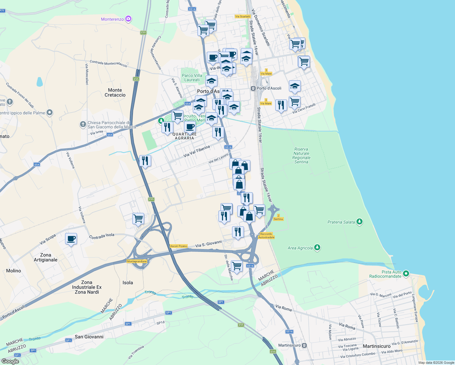 map of restaurants, bars, coffee shops, grocery stores, and more near 22 Via Val Sesia in San Benedetto del Tronto