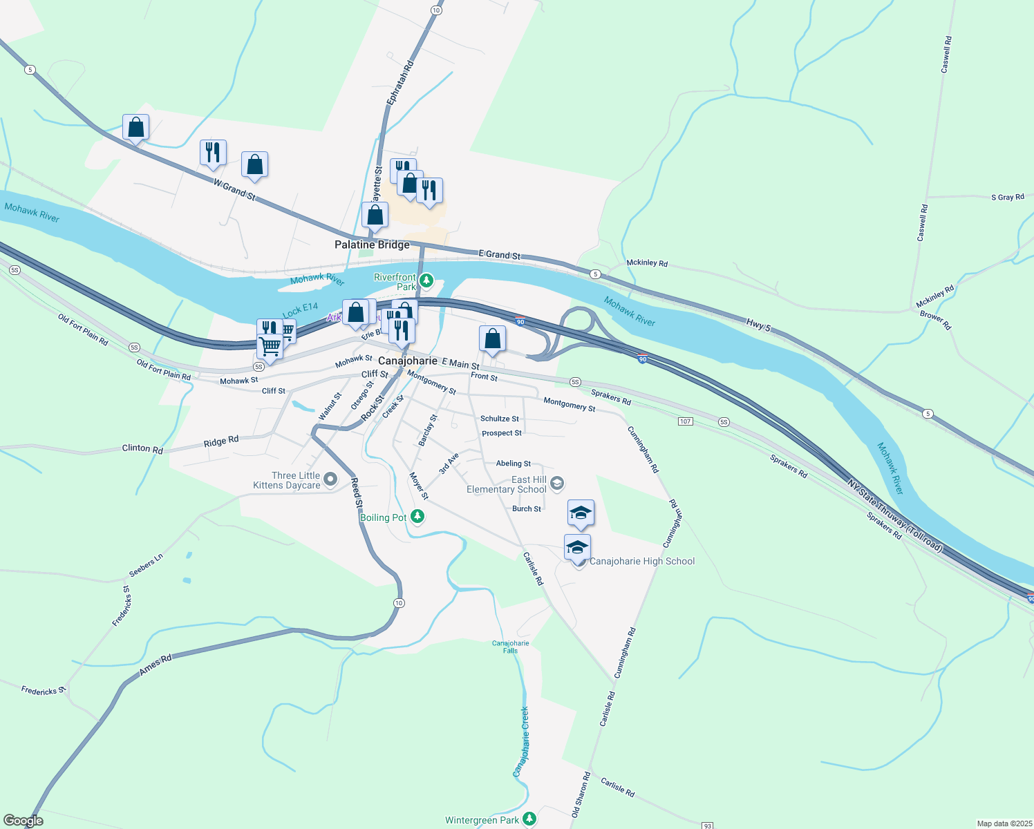 map of restaurants, bars, coffee shops, grocery stores, and more near 51 Schultze Street in Canajoharie