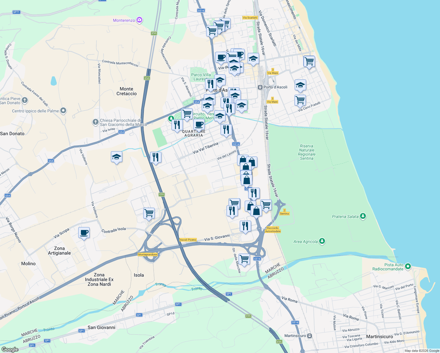 map of restaurants, bars, coffee shops, grocery stores, and more near 1 Via del Lavoro in San Benedetto del Tronto