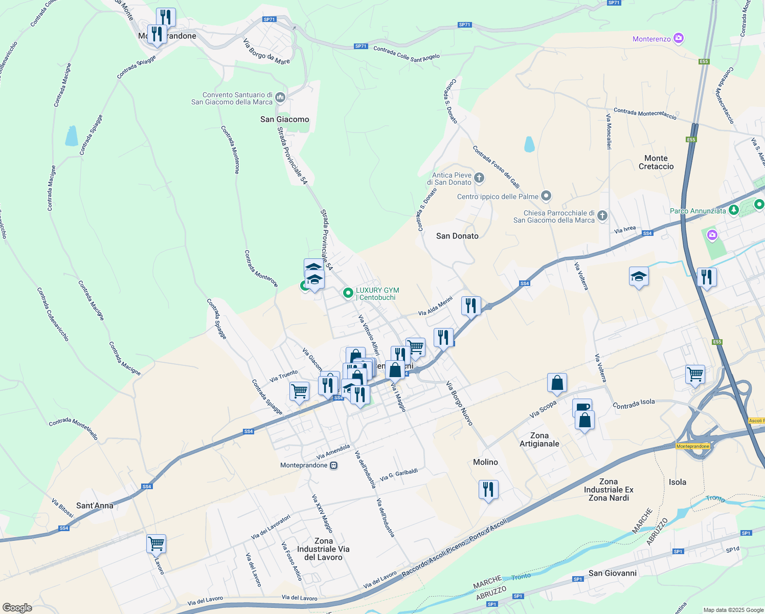 map of restaurants, bars, coffee shops, grocery stores, and more near Via San Giacomo in Centobuchi
