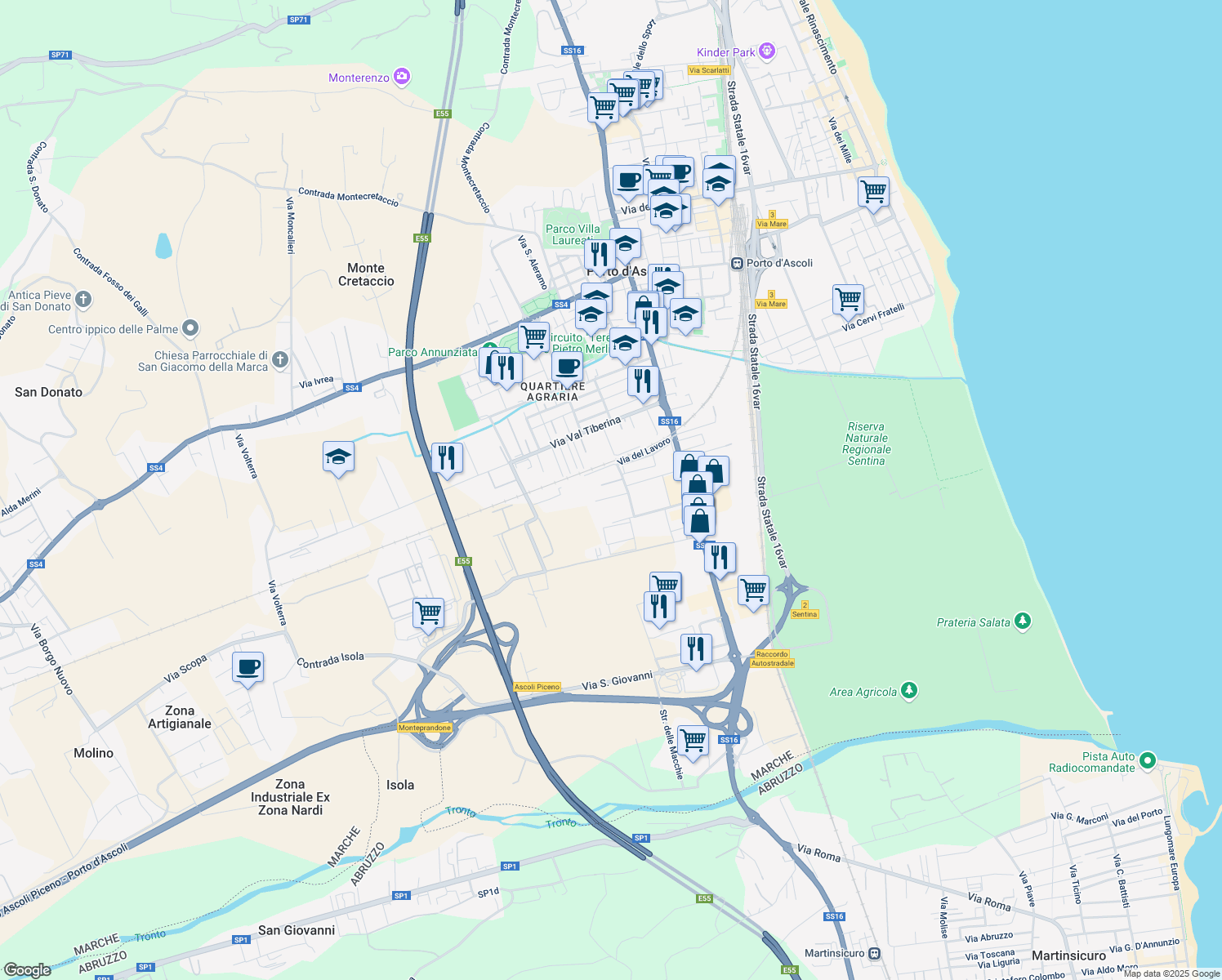 map of restaurants, bars, coffee shops, grocery stores, and more near 27 Via del Lavoro in San Benedetto del Tronto