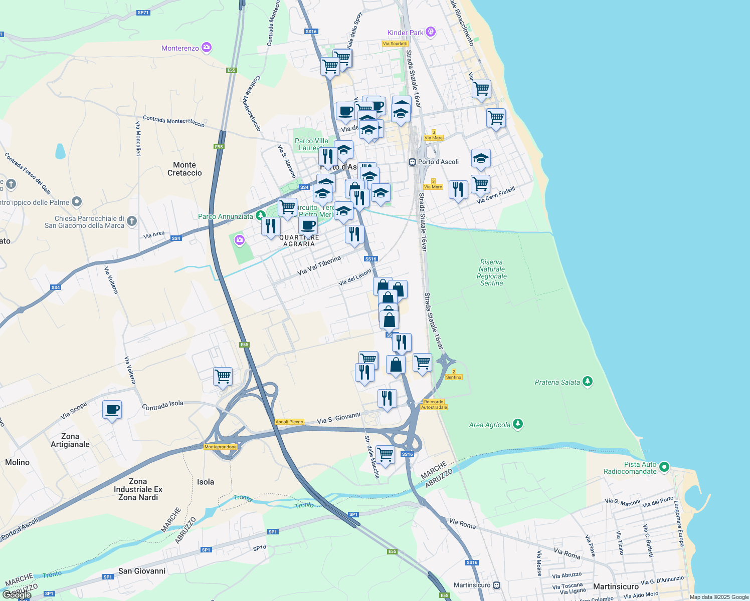 map of restaurants, bars, coffee shops, grocery stores, and more near 7 Via Giuseppe di Vittorio in San Benedetto del Tronto