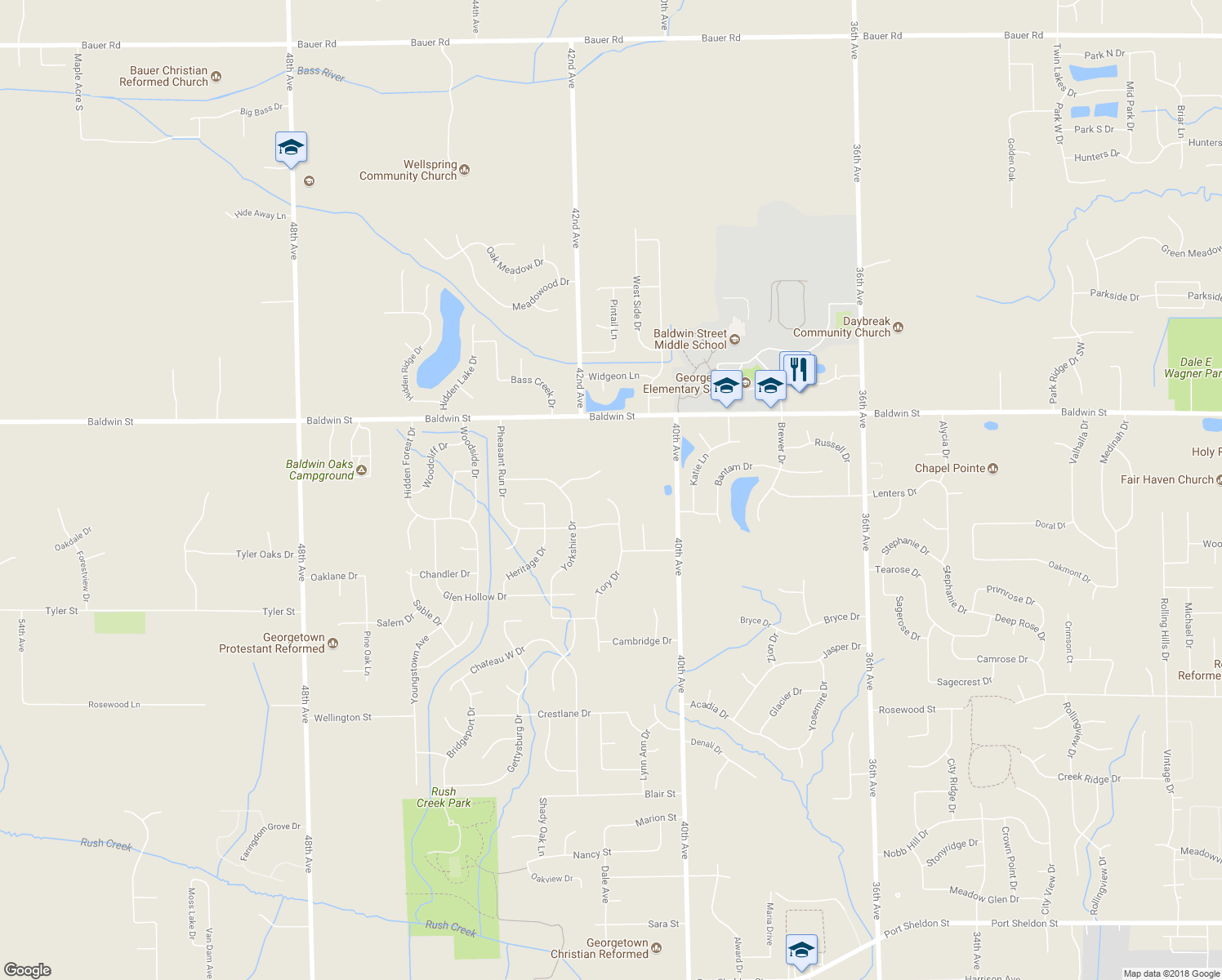 map of restaurants, bars, coffee shops, grocery stores, and more near 7434 Tory Drive in Hudsonville