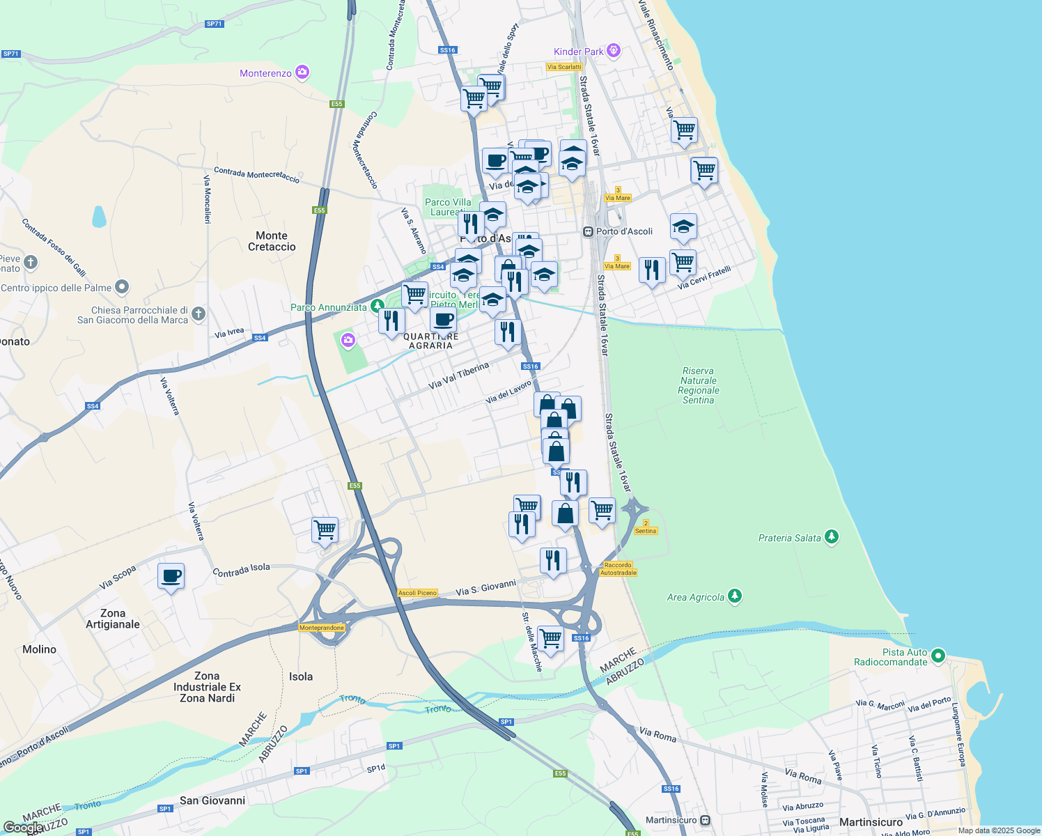 map of restaurants, bars, coffee shops, grocery stores, and more near 7 Via Giuseppe Di Vittorio in San Benedetto del Tronto