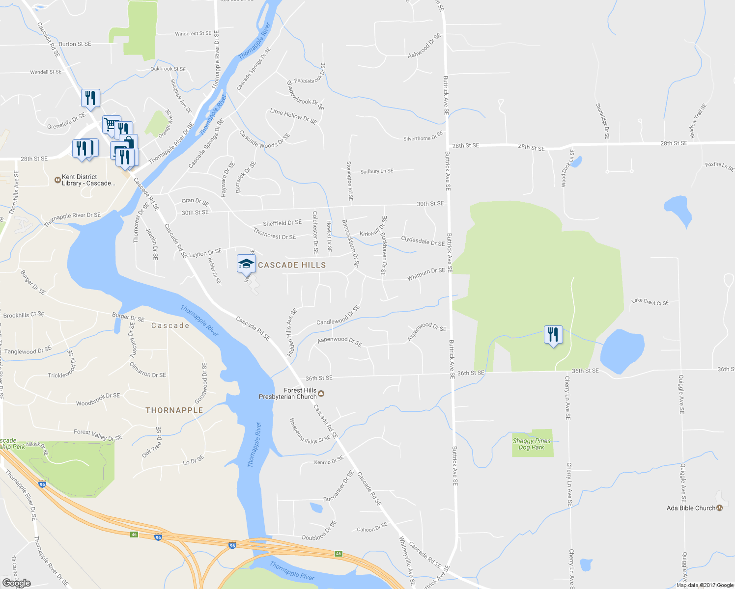 map of restaurants, bars, coffee shops, grocery stores, and more near 7674 Candlewood Dr SE in Ada