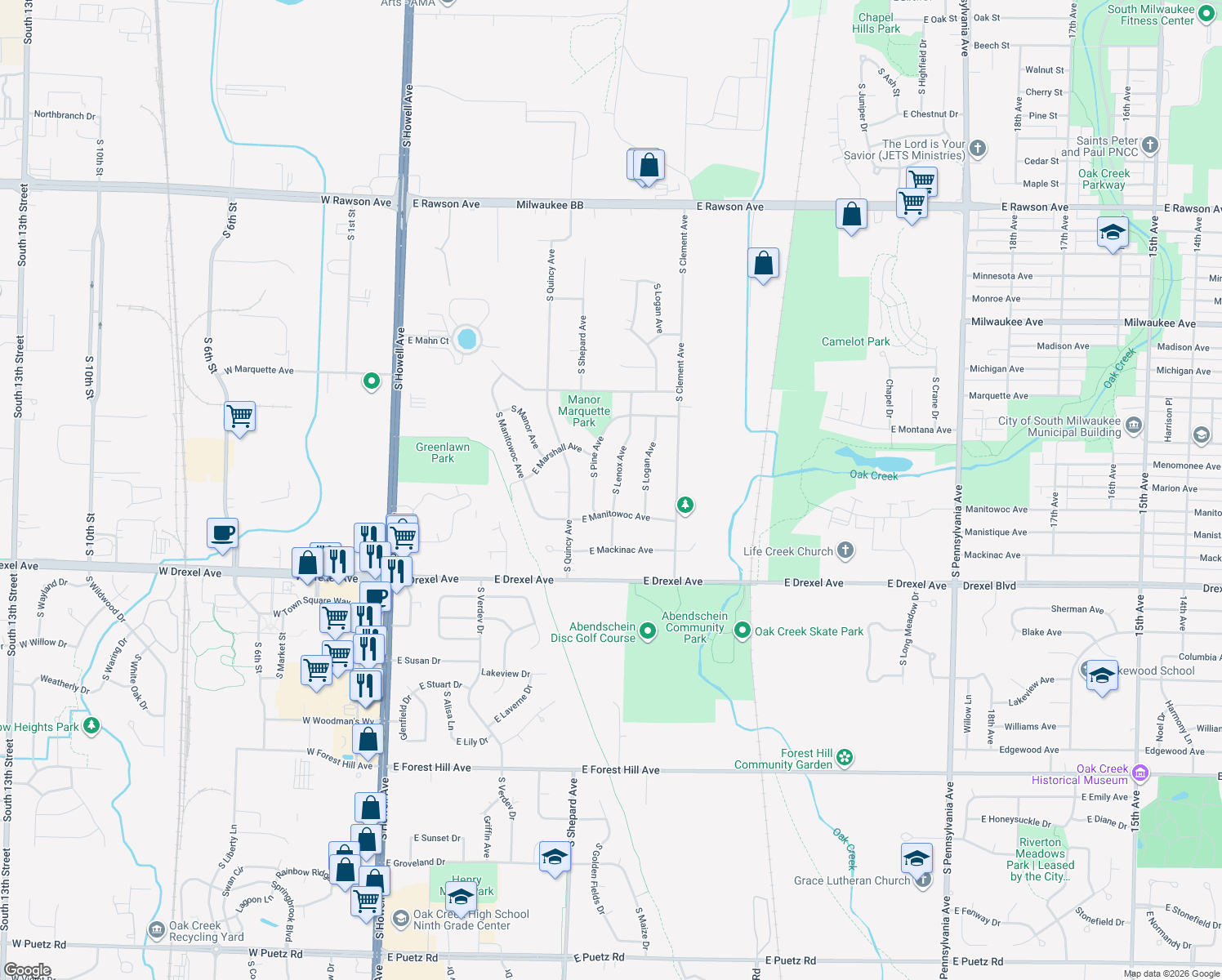 map of restaurants, bars, coffee shops, grocery stores, and more near 7707 South Lenox Avenue in Oak Creek