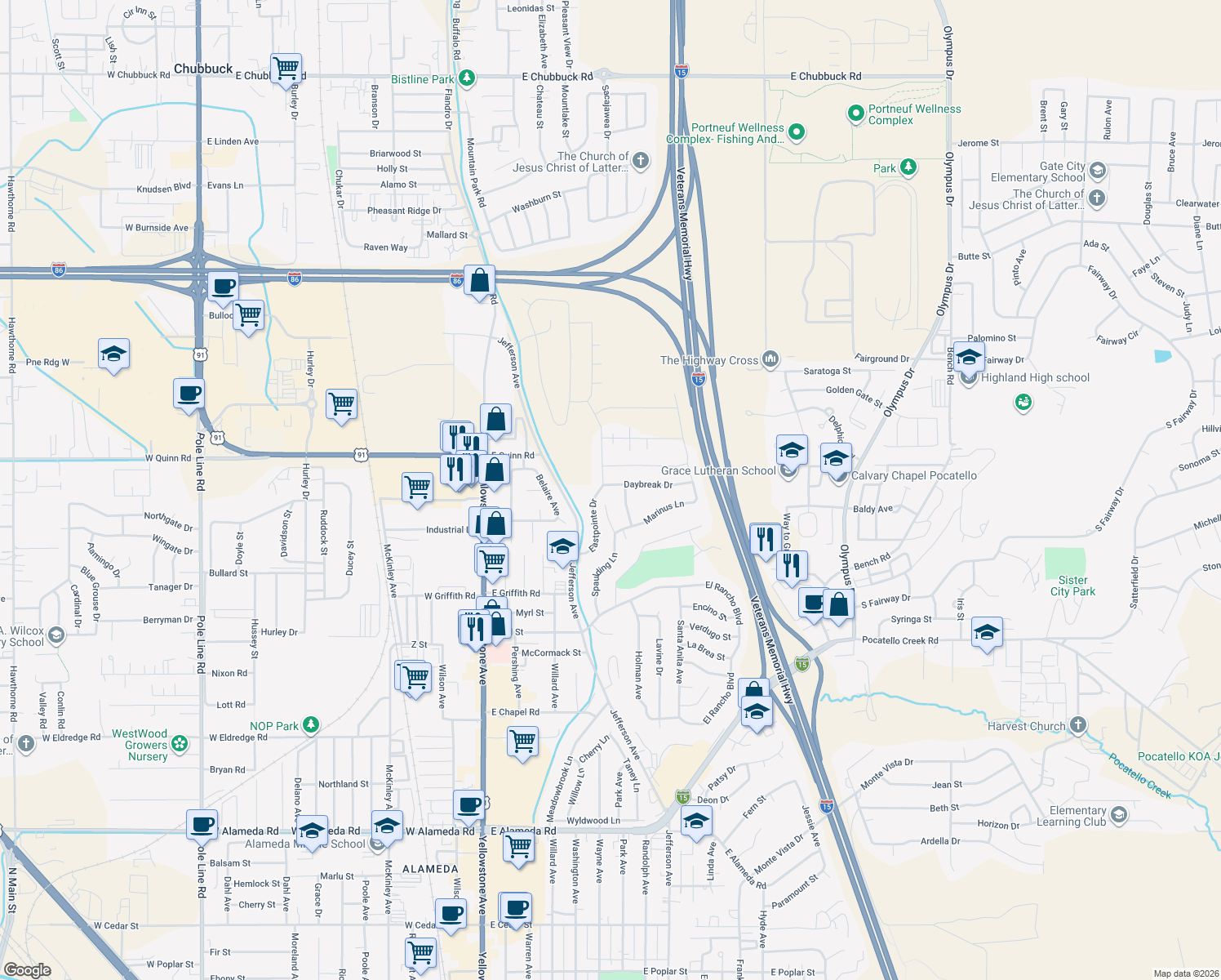 map of restaurants, bars, coffee shops, grocery stores, and more near 683 Daybreak Dr in Pocatello