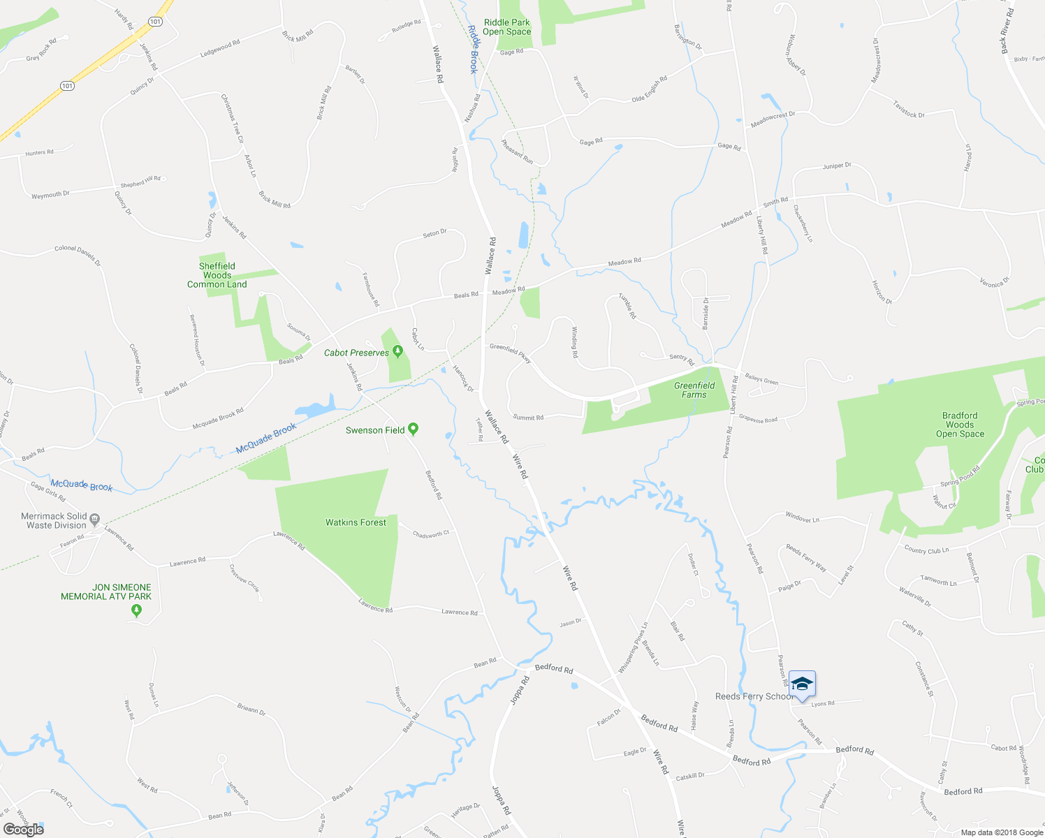 map of restaurants, bars, coffee shops, grocery stores, and more near 16 Summit Road in Bedford