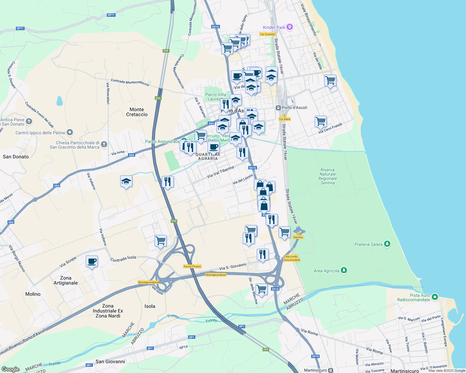 map of restaurants, bars, coffee shops, grocery stores, and more near 27 Via del Lavoro in San Benedetto del Tronto
