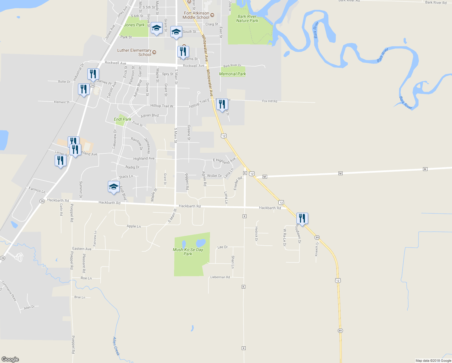 map of restaurants, bars, coffee shops, grocery stores, and more near N1768 Lena Lane in Fort Atkinson