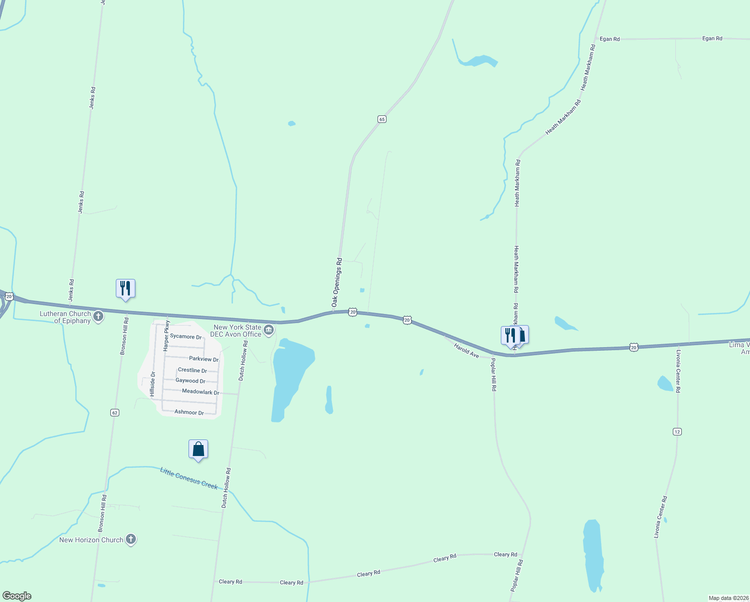 map of restaurants, bars, coffee shops, grocery stores, and more near 6429 East Avon Lima Road in Avon