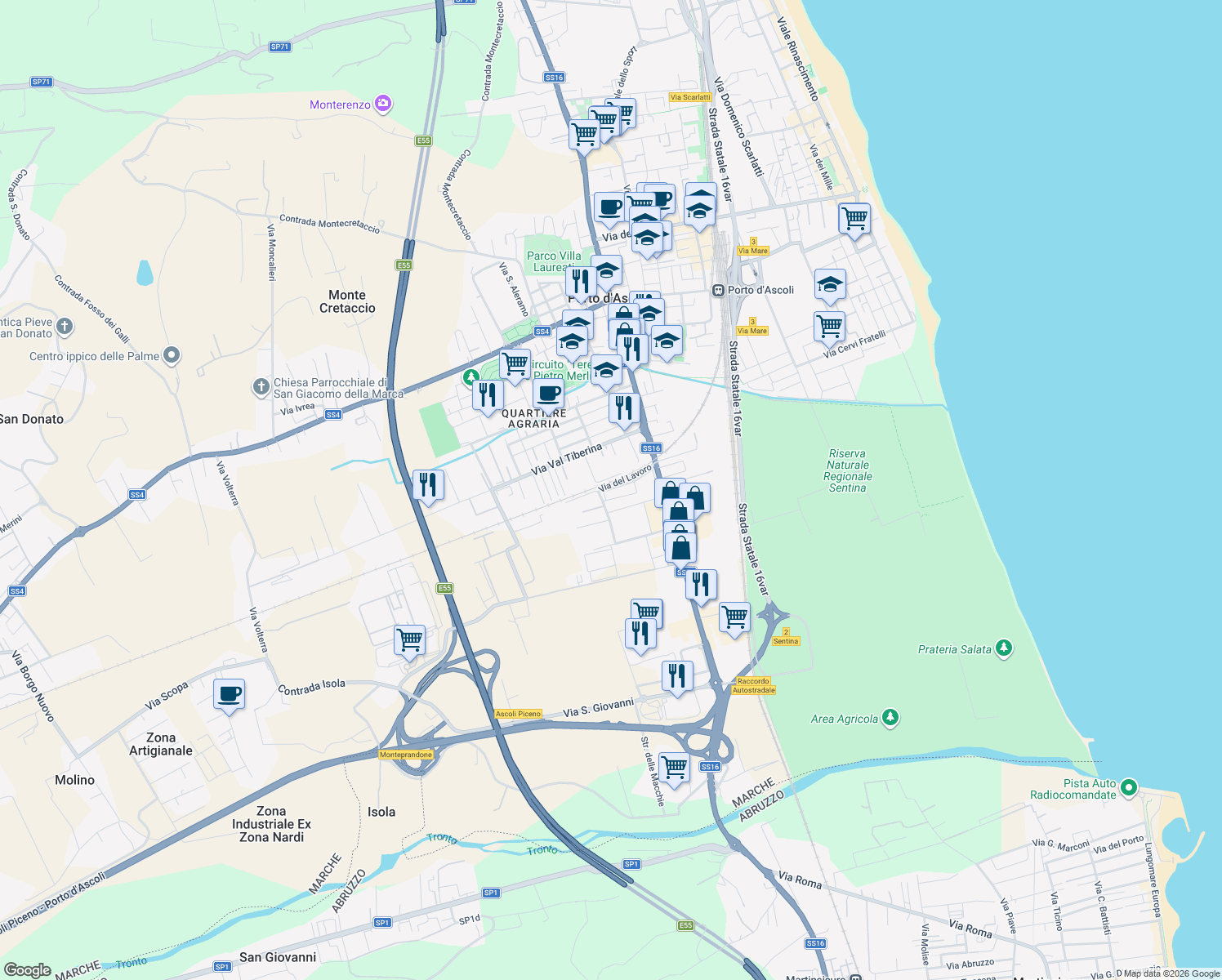 map of restaurants, bars, coffee shops, grocery stores, and more near 14-16 Via Giuseppe di Vittorio in San Benedetto del Tronto