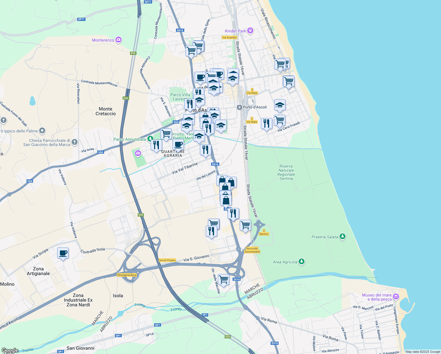 map of restaurants, bars, coffee shops, grocery stores, and more near 1G Via Pasubio in San Benedetto del Tronto