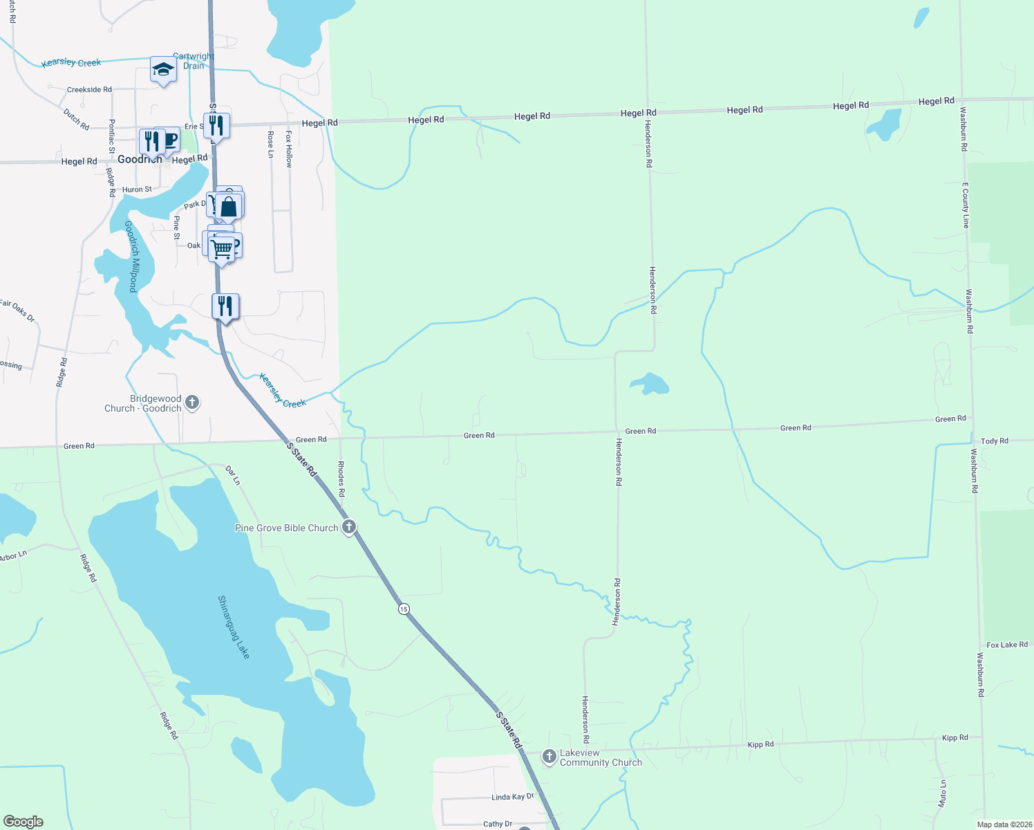 map of restaurants, bars, coffee shops, grocery stores, and more near 11289 Green Road in Goodrich