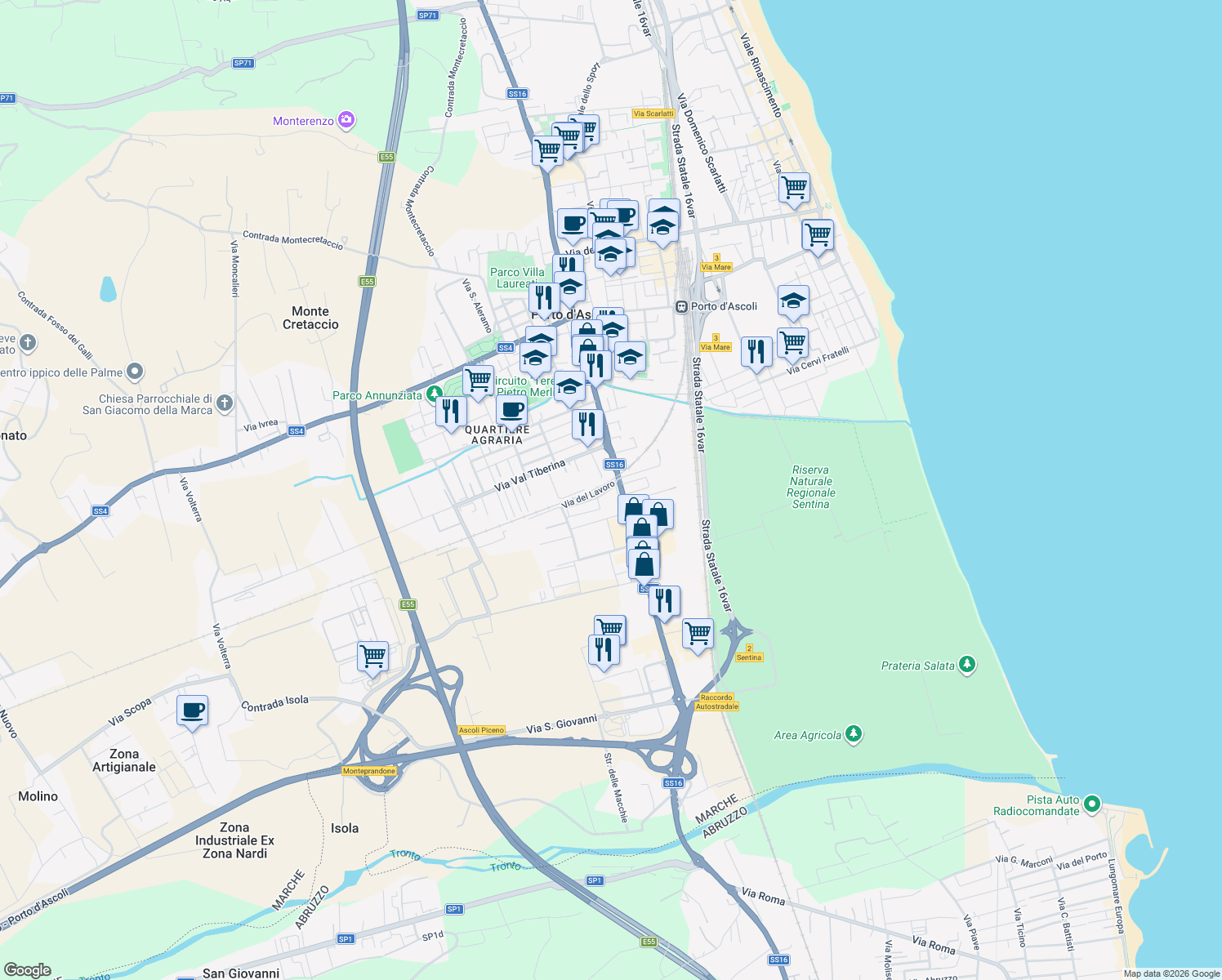 map of restaurants, bars, coffee shops, grocery stores, and more near 4 Via Pasubio in San Benedetto del Tronto