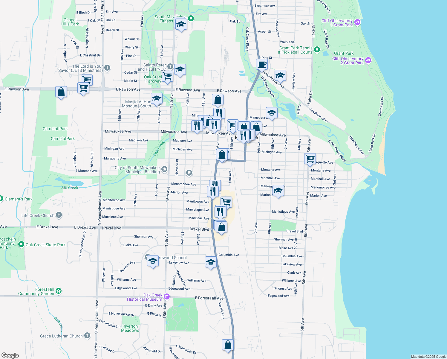 map of restaurants, bars, coffee shops, grocery stores, and more near 1113 Marshall Avenue in South Milwaukee