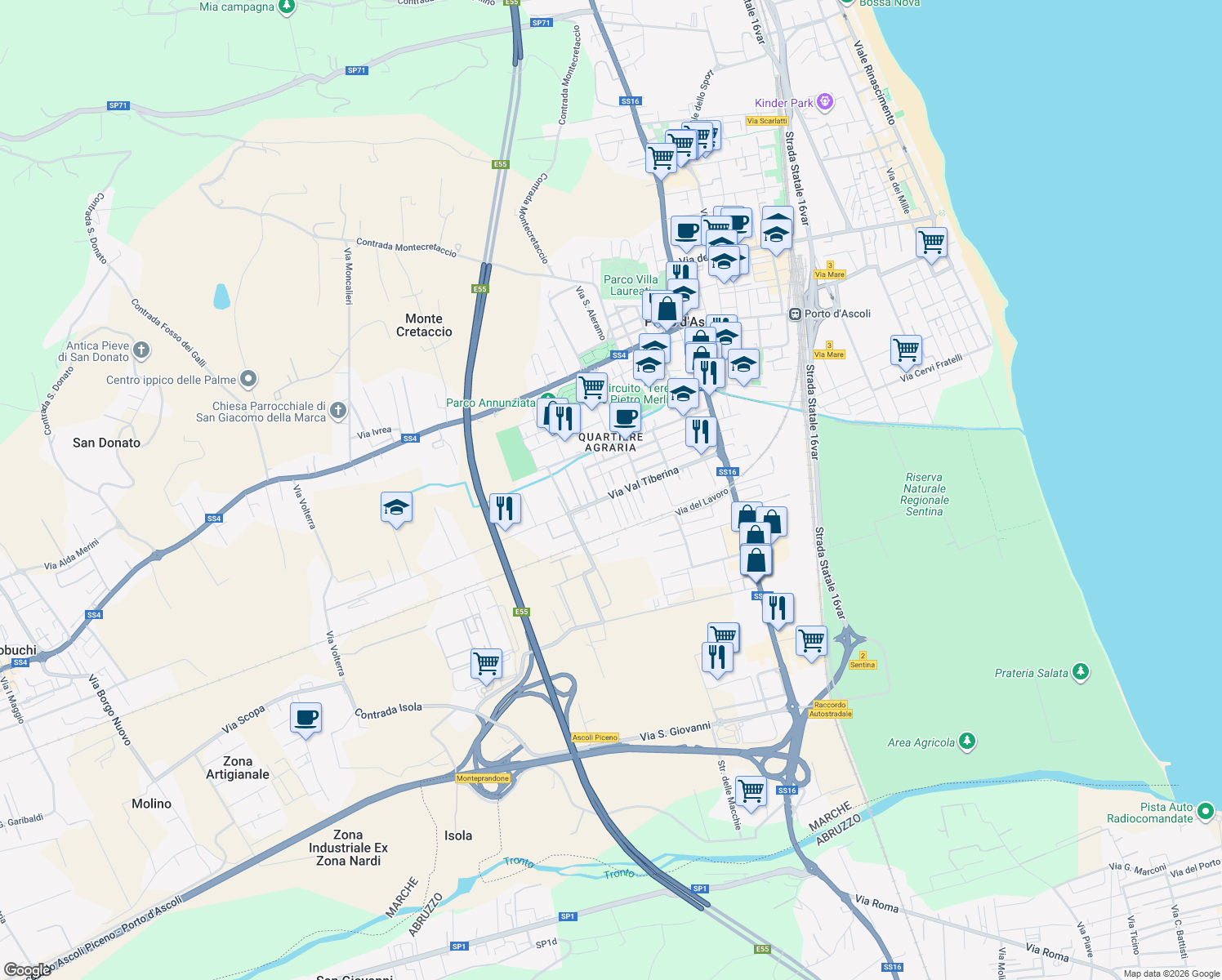 map of restaurants, bars, coffee shops, grocery stores, and more near 4 Via Val Solda in San Benedetto del Tronto