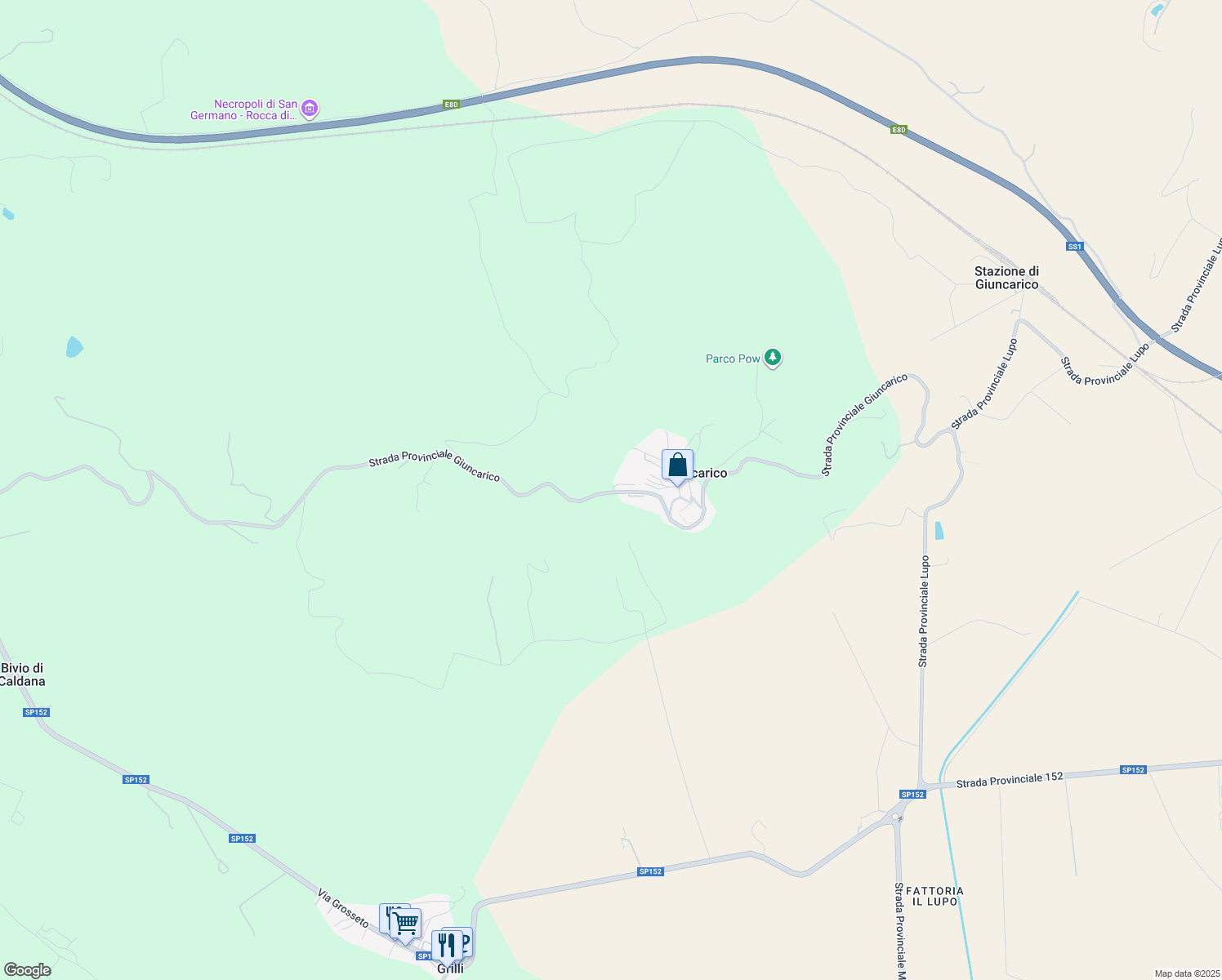 map of restaurants, bars, coffee shops, grocery stores, and more near 34 Strada Provinciale Giuncarico in Giuncarico