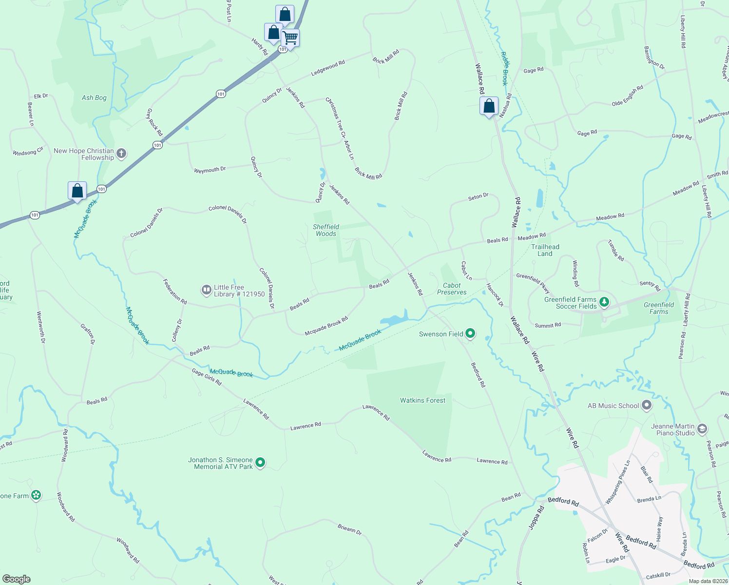 map of restaurants, bars, coffee shops, grocery stores, and more near 6 Mcquade Brook Road in Bedford