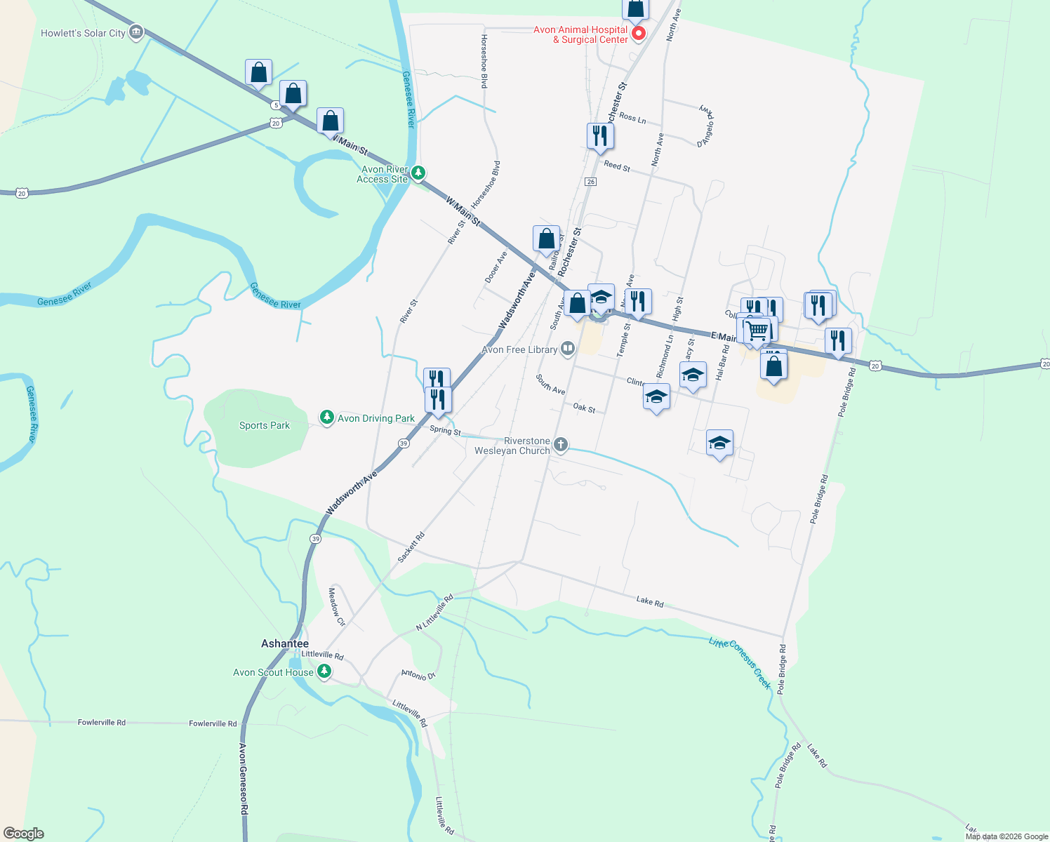 map of restaurants, bars, coffee shops, grocery stores, and more near 40 Spring St in Avon