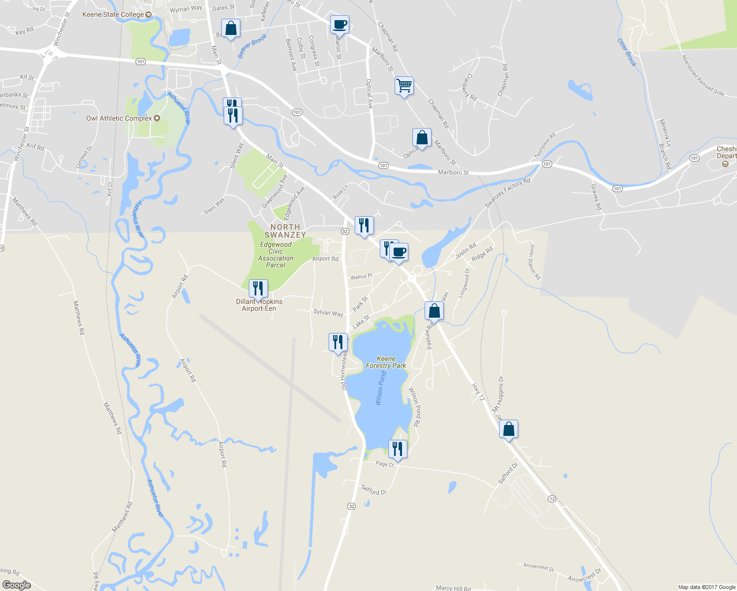map of restaurants, bars, coffee shops, grocery stores, and more near 9 Park Street in Keene