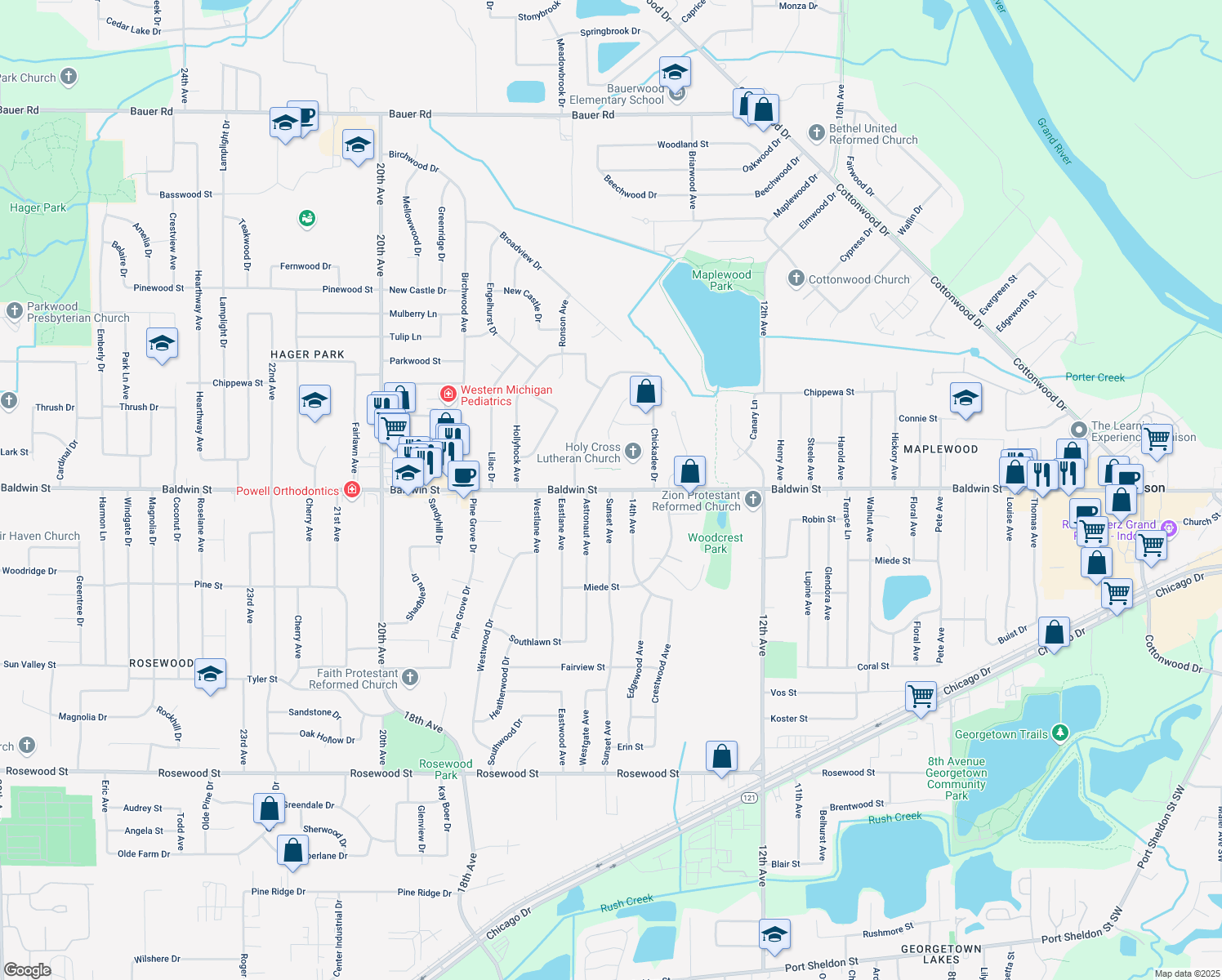 map of restaurants, bars, coffee shops, grocery stores, and more near 1515 Baldwin St in Georgetown Township