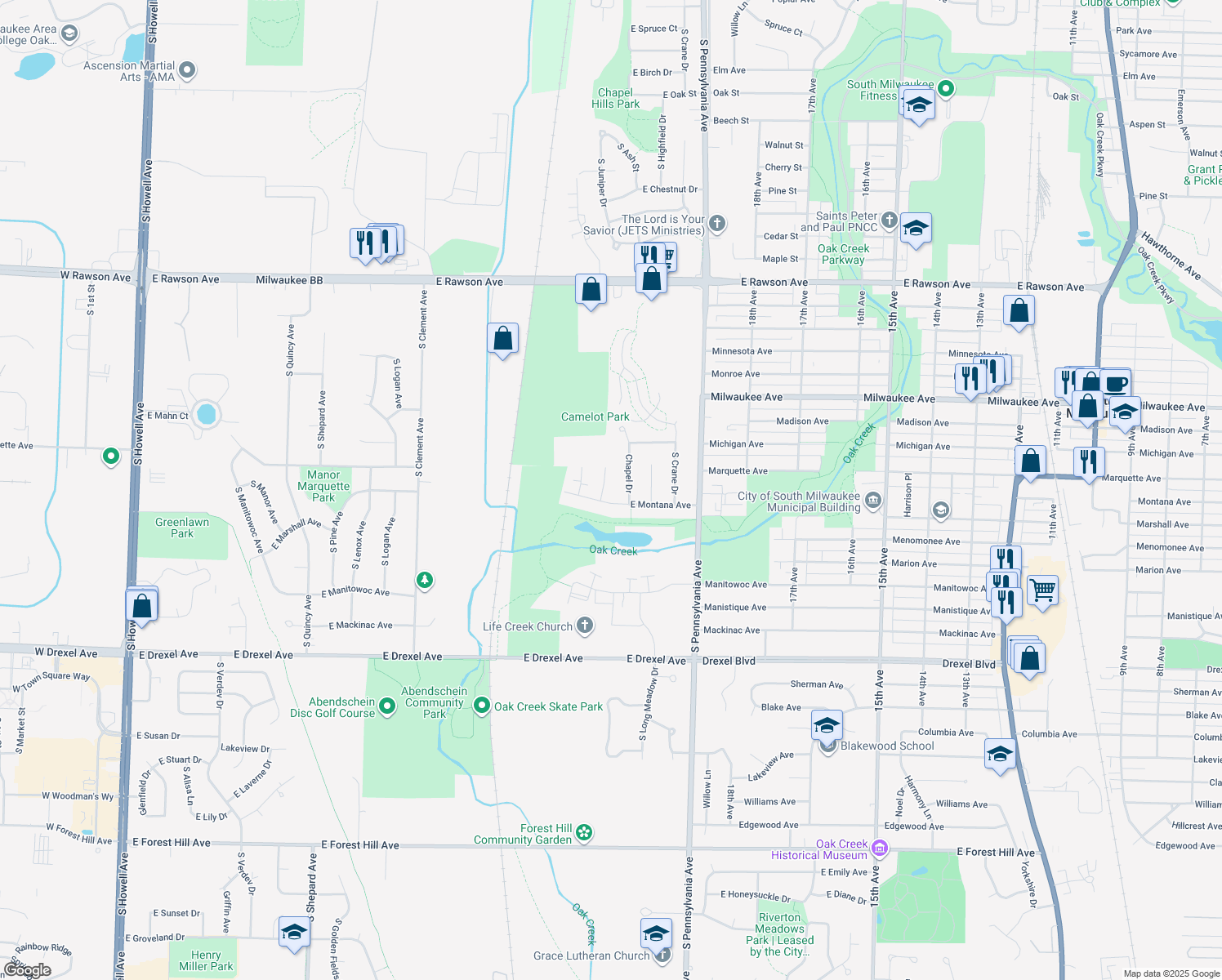 map of restaurants, bars, coffee shops, grocery stores, and more near 7544 South Lynhaven Drive in Oak Creek