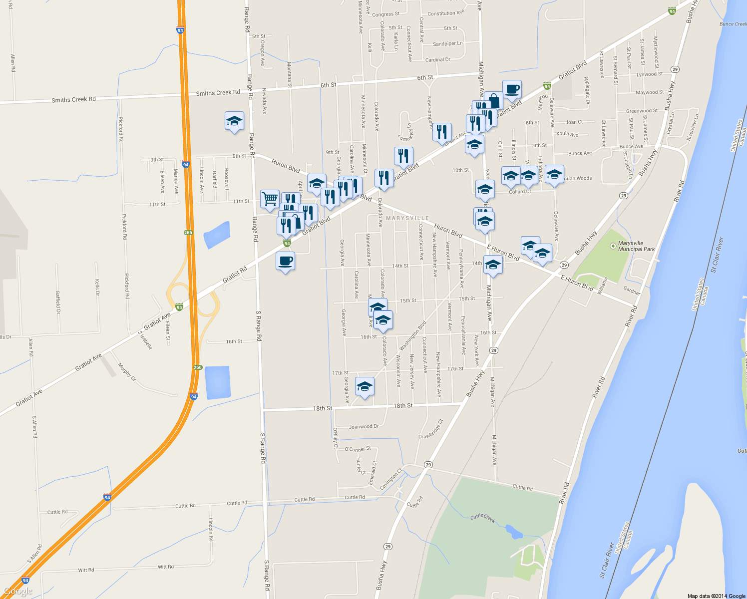 map of restaurants, bars, coffee shops, grocery stores, and more near 918 15th Street in Marysville