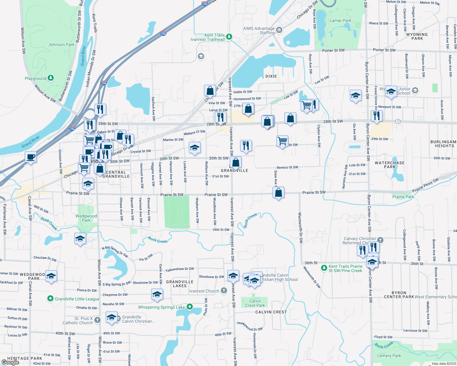 map of restaurants, bars, coffee shops, grocery stores, and more near 3135 Ivanrest Ave SW in Grandville