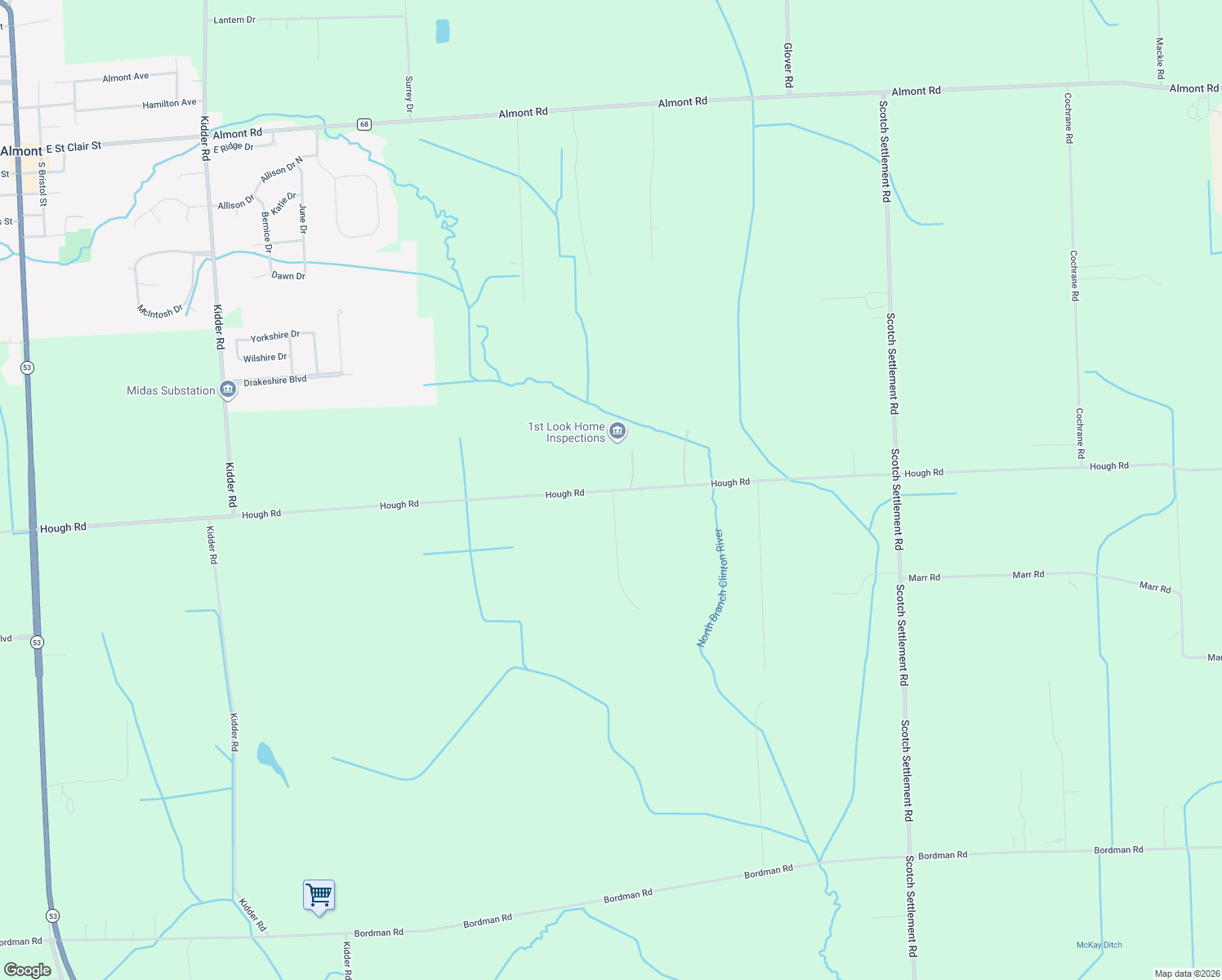 map of restaurants, bars, coffee shops, grocery stores, and more near 8395 Hough Road in Almont